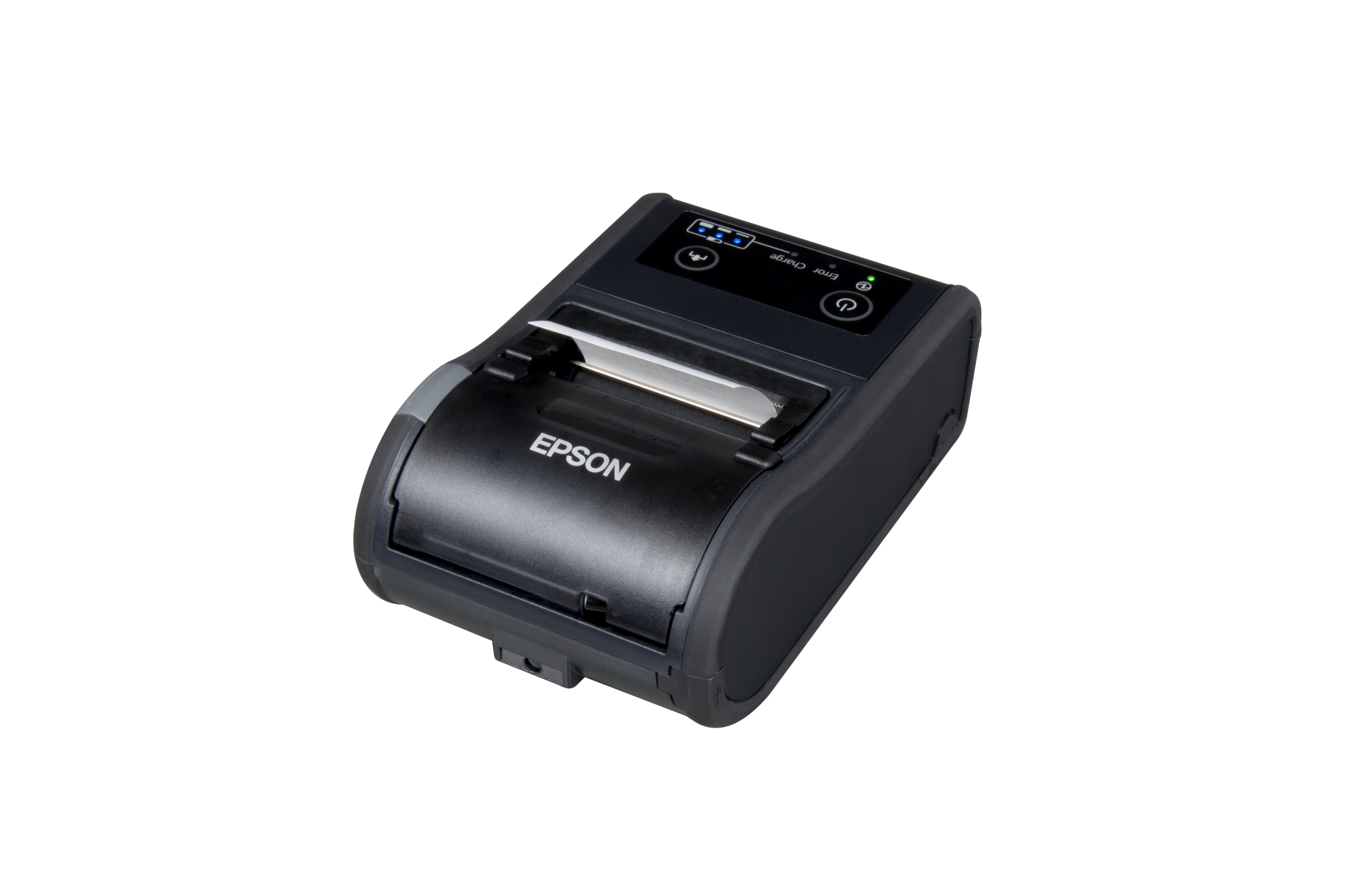 Stampante Epson nera. La stampante è su sfondo bianco, una piccola stampante termica.