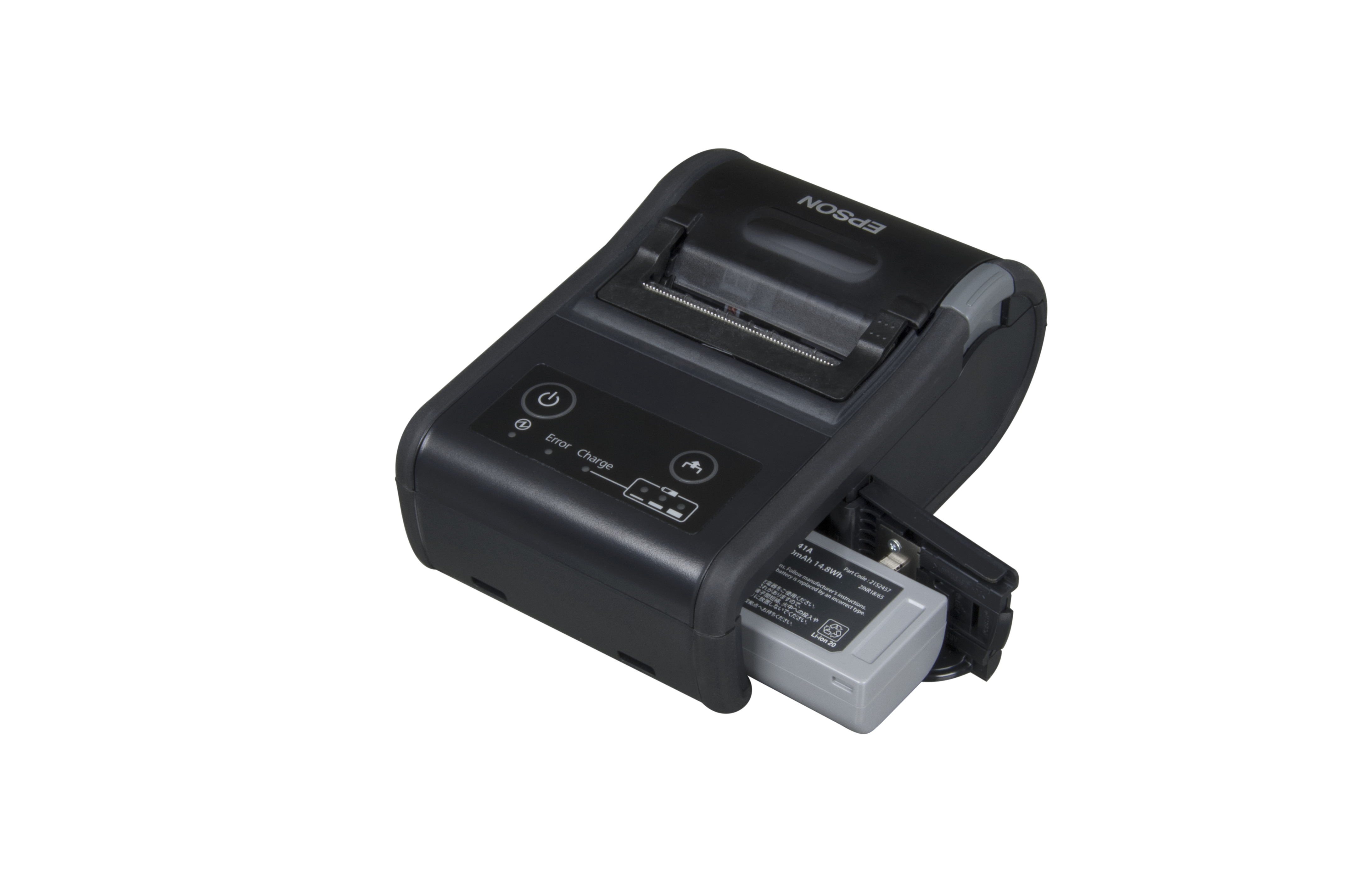 Una stampante portatile Epson nera con una batteria inserita, su sfondo bianco.