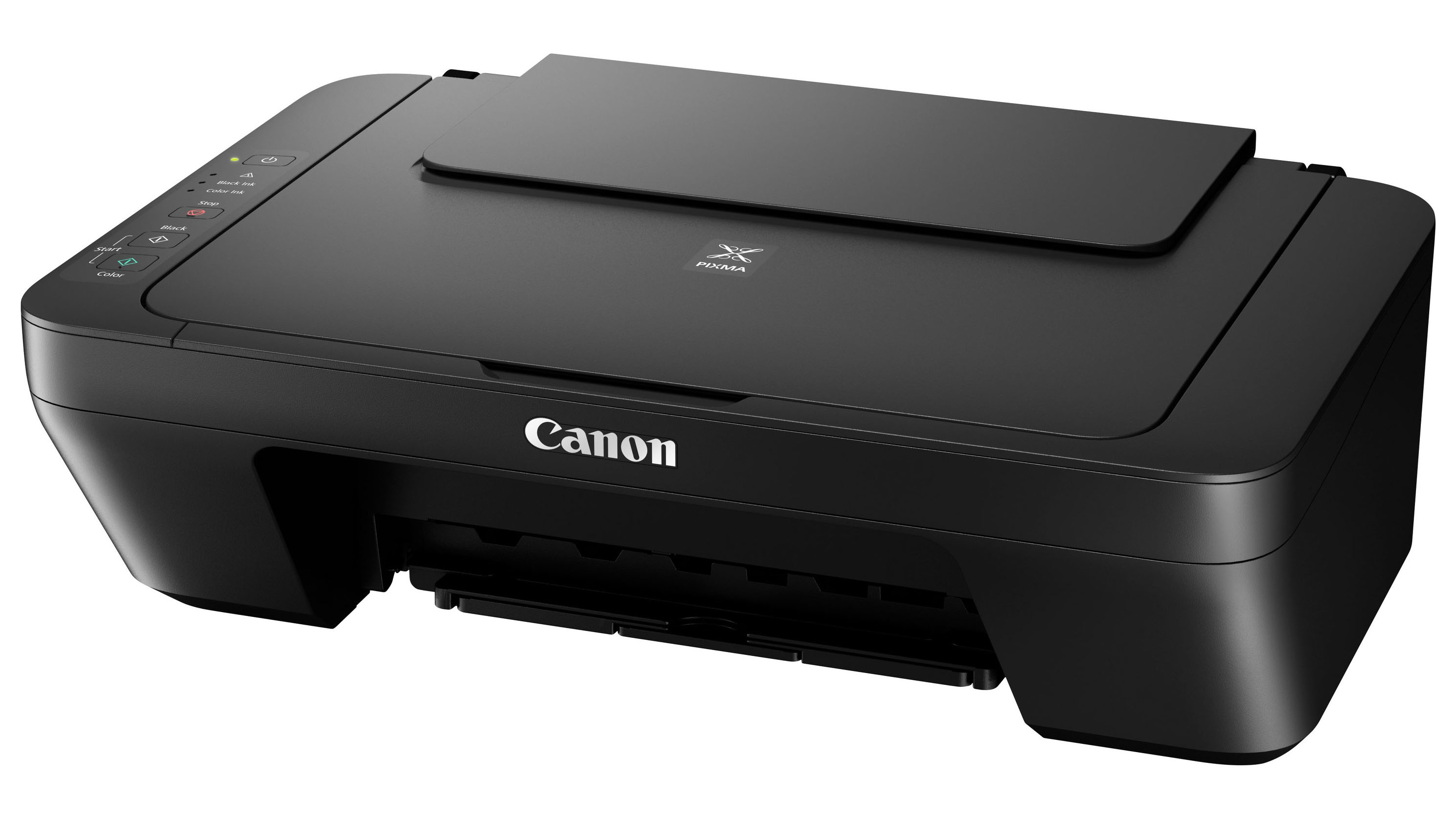 Schwarzer Canon Pixma-Drucker, aus niedrigem Winkel betrachtet, mit Tasten und Canon-Logo.