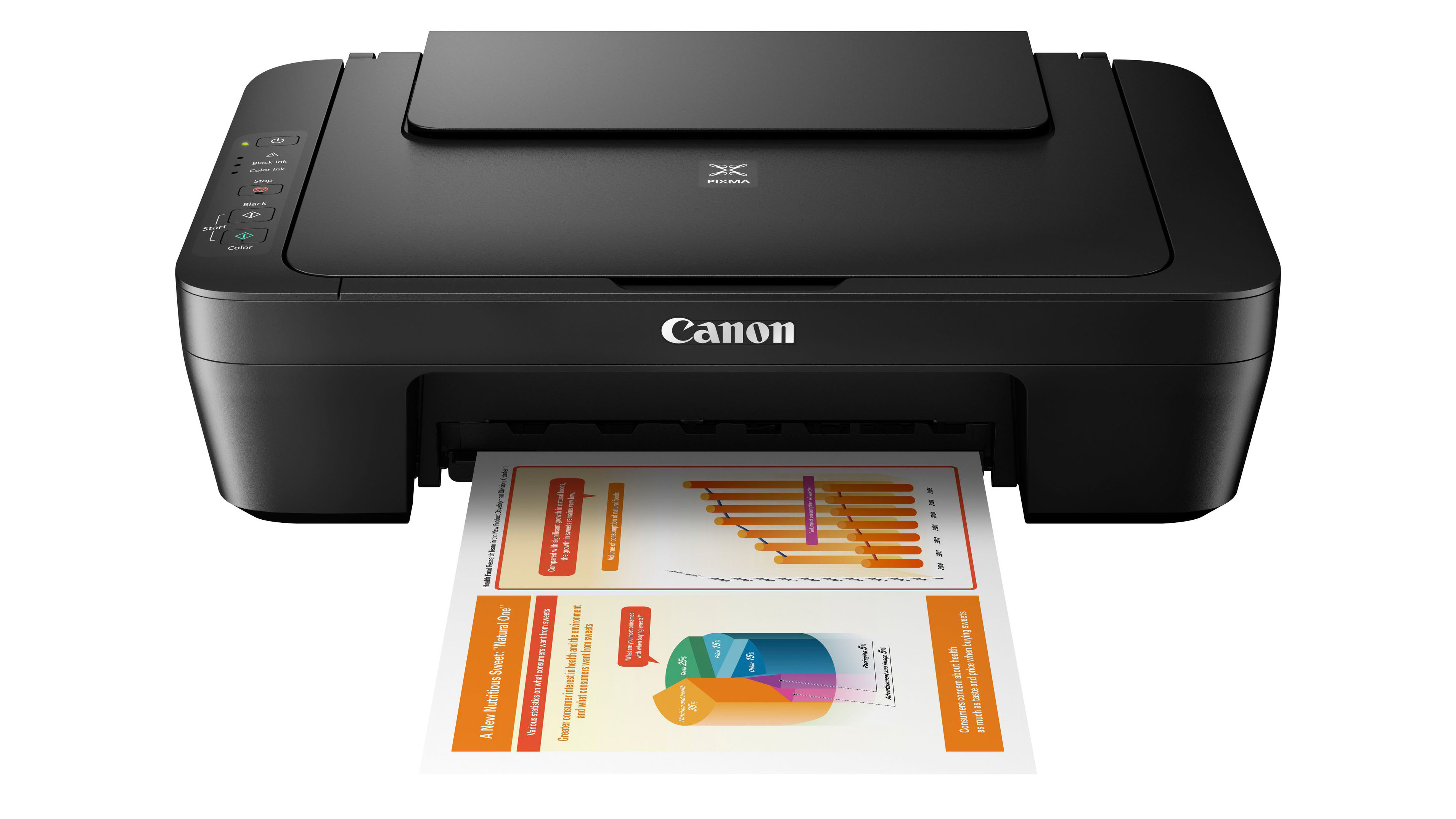 Schwarzer Canon-Drucker, der ein Papier mit Grafiken druckt. Das Papier kommt aus dem Schacht.
