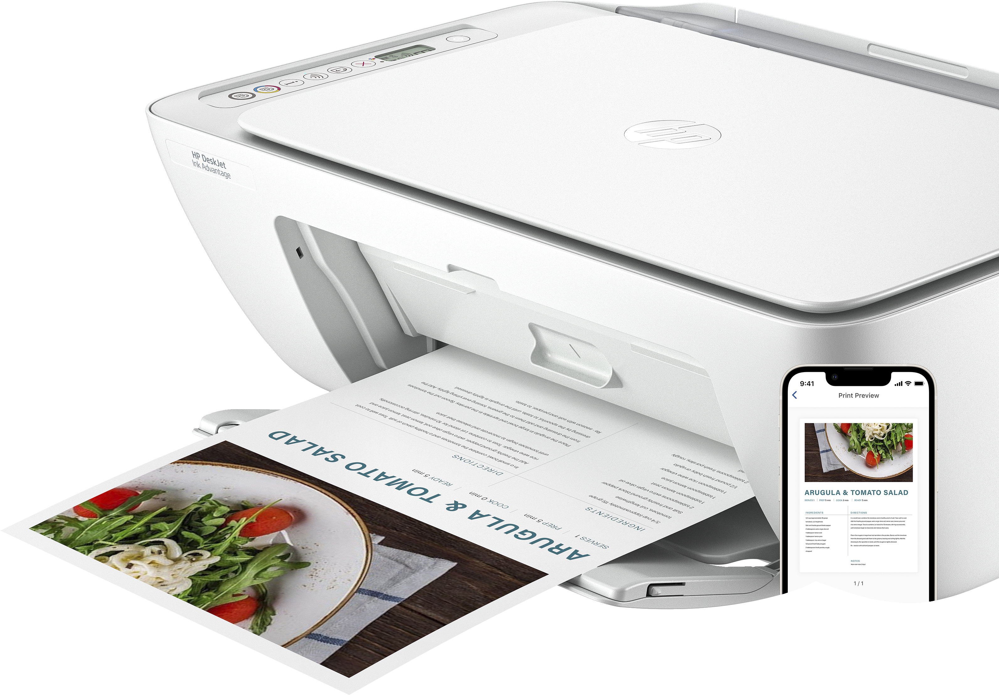 Weißer Drucker, der ein Farbfoto druckt. Ein Telefon zeigt dasselbe Foto.