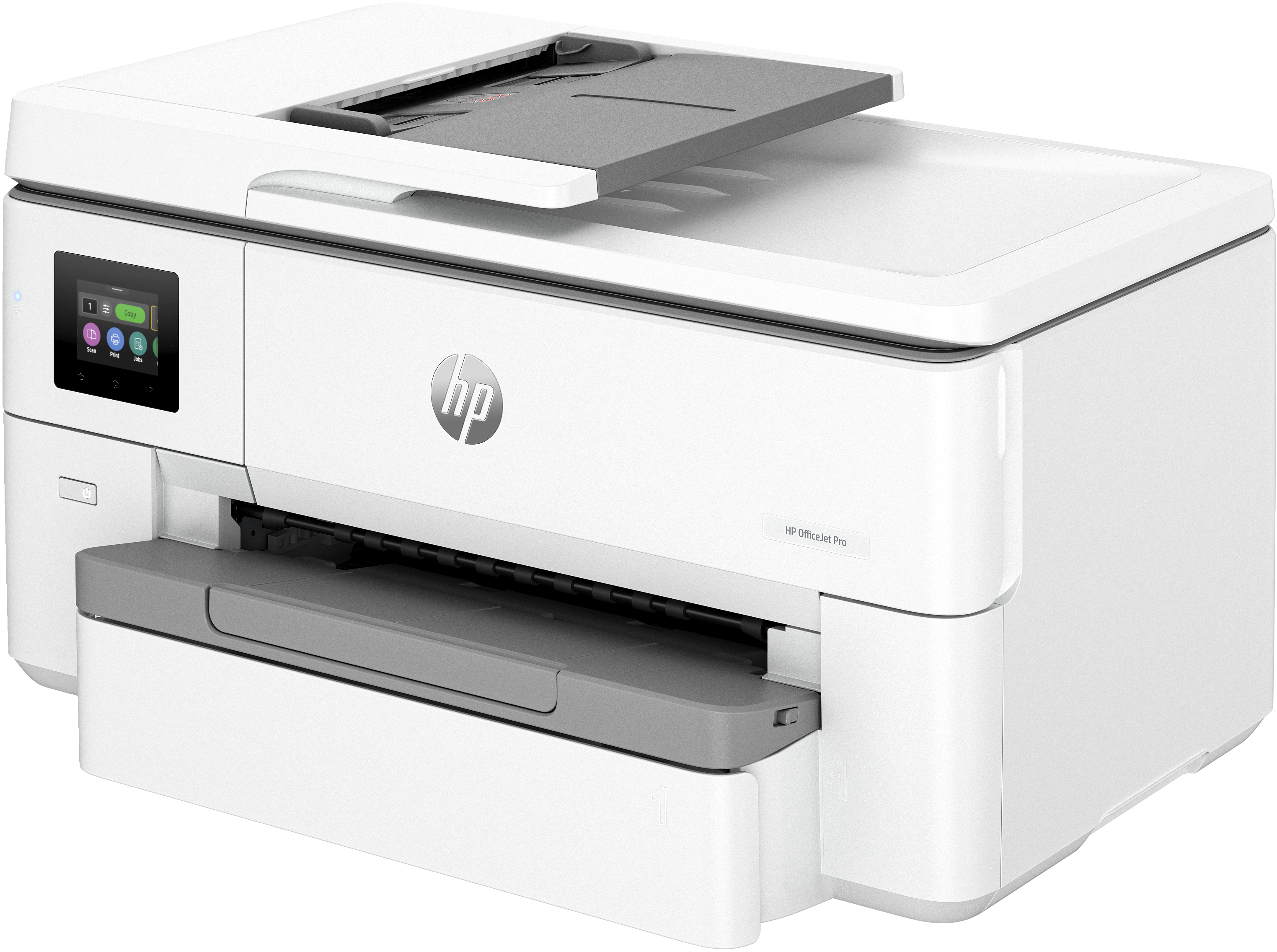 Une imprimante HP blanche avec un scanner et un panneau de commande à écran tactile avec des options de menu.