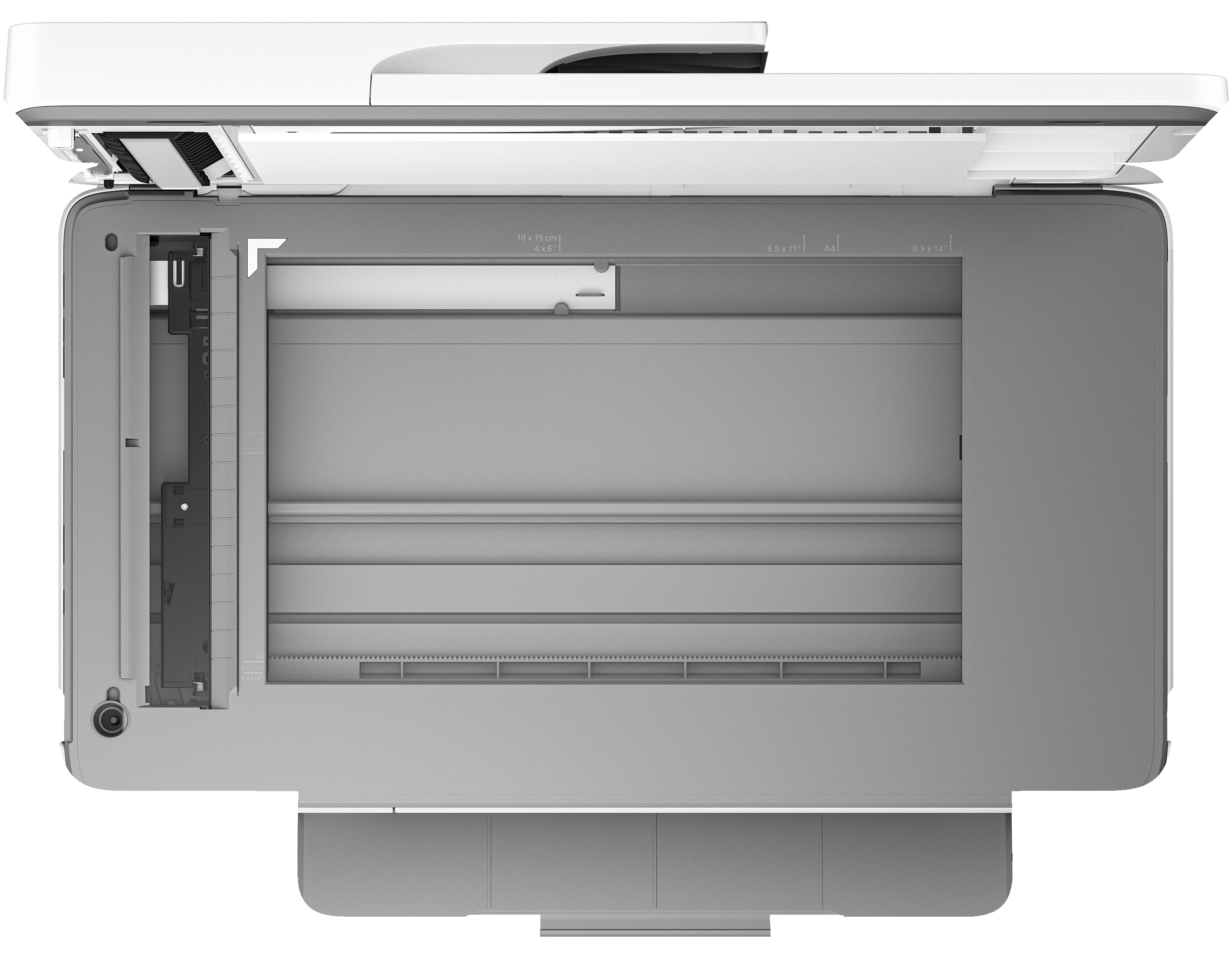 Vue de dessus d'une imprimante ouverte. Montre la zone du scanner intérieur.