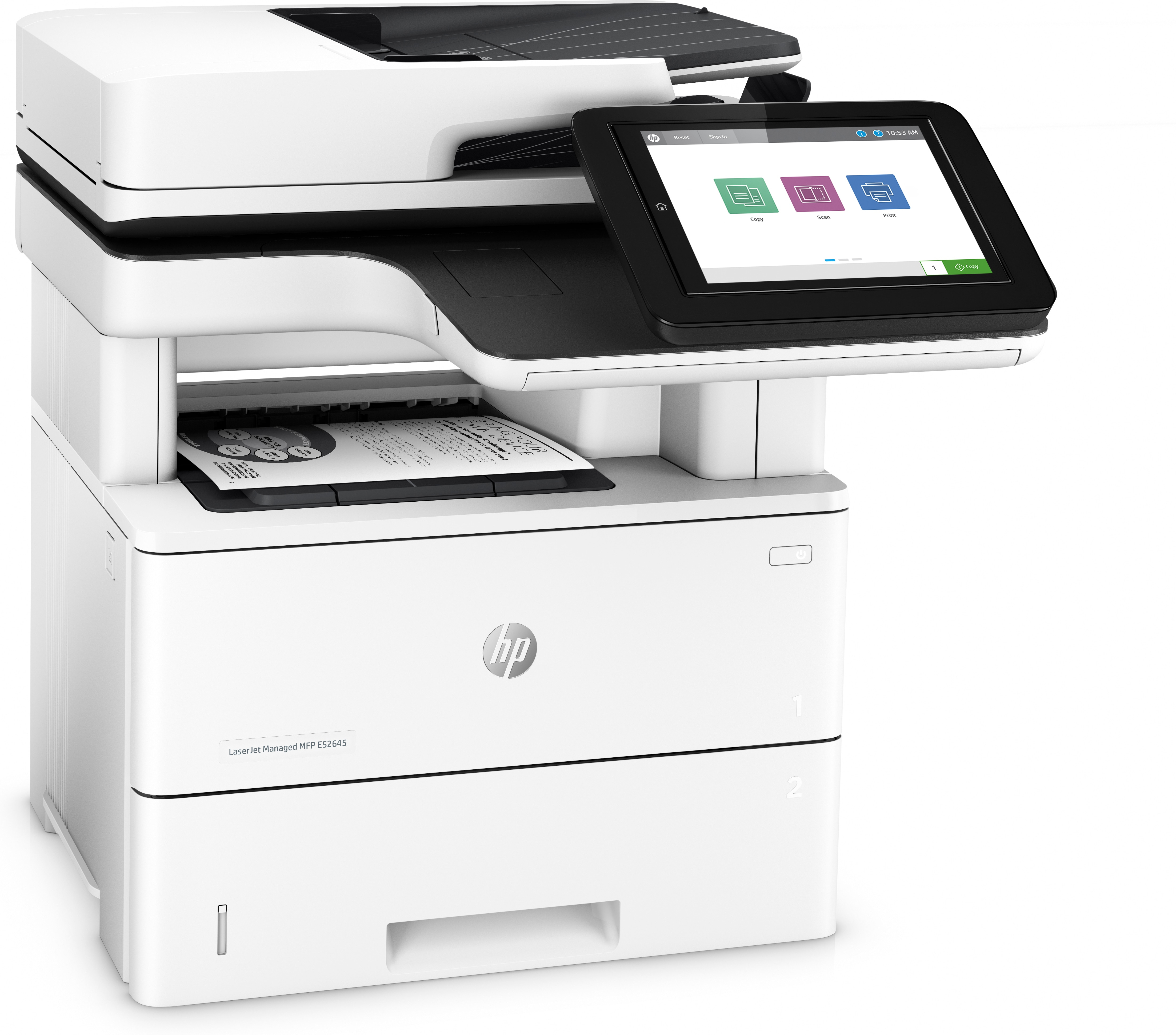 Weißer HP-Drucker mit Touchscreen, der ein Papier druckt. Draufsicht, auf weißem Hintergrund.