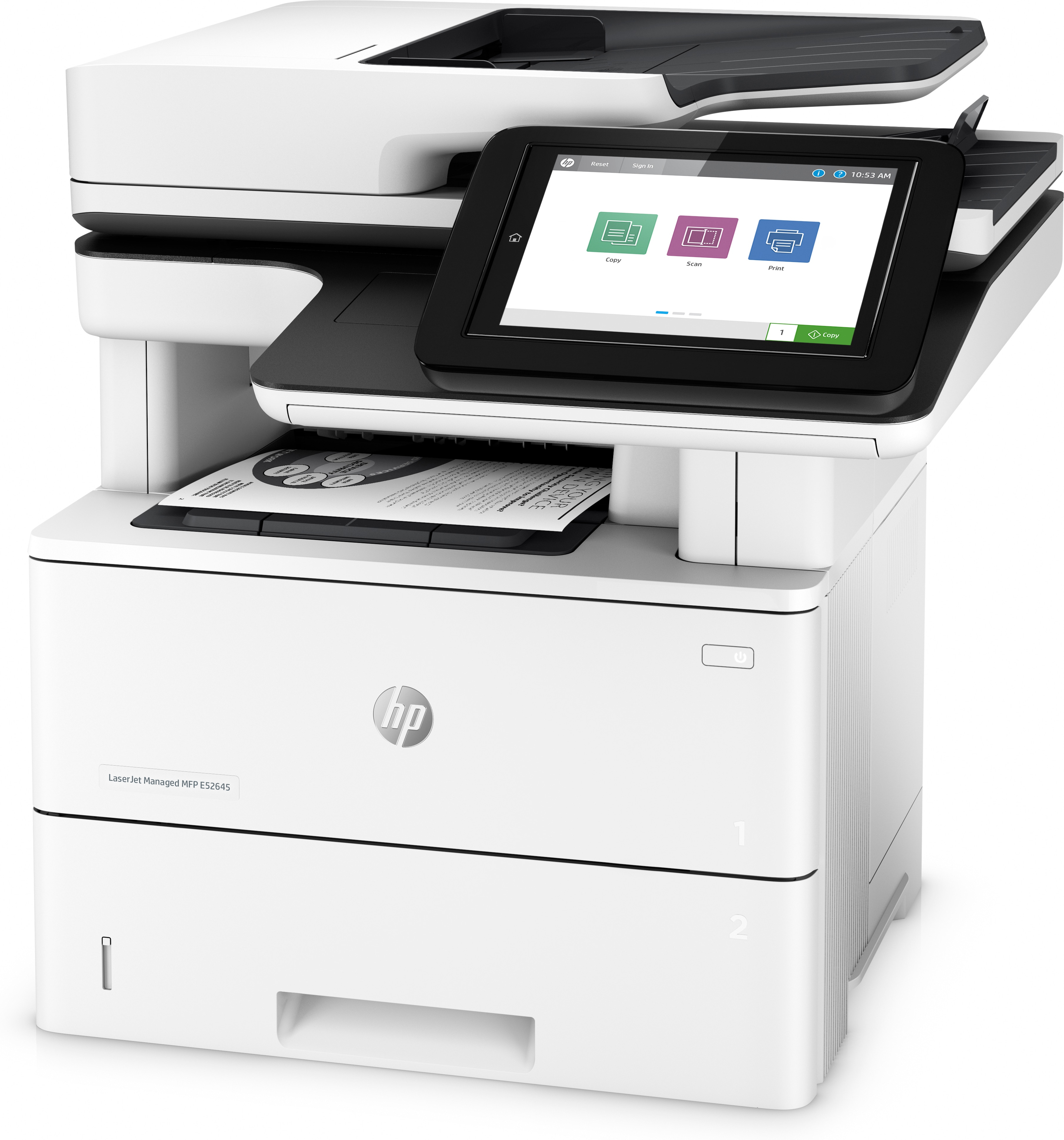Weißer HP-Drucker mit Touchscreen, der ein Papier druckt. Draufsicht, auf weißem Hintergrund.