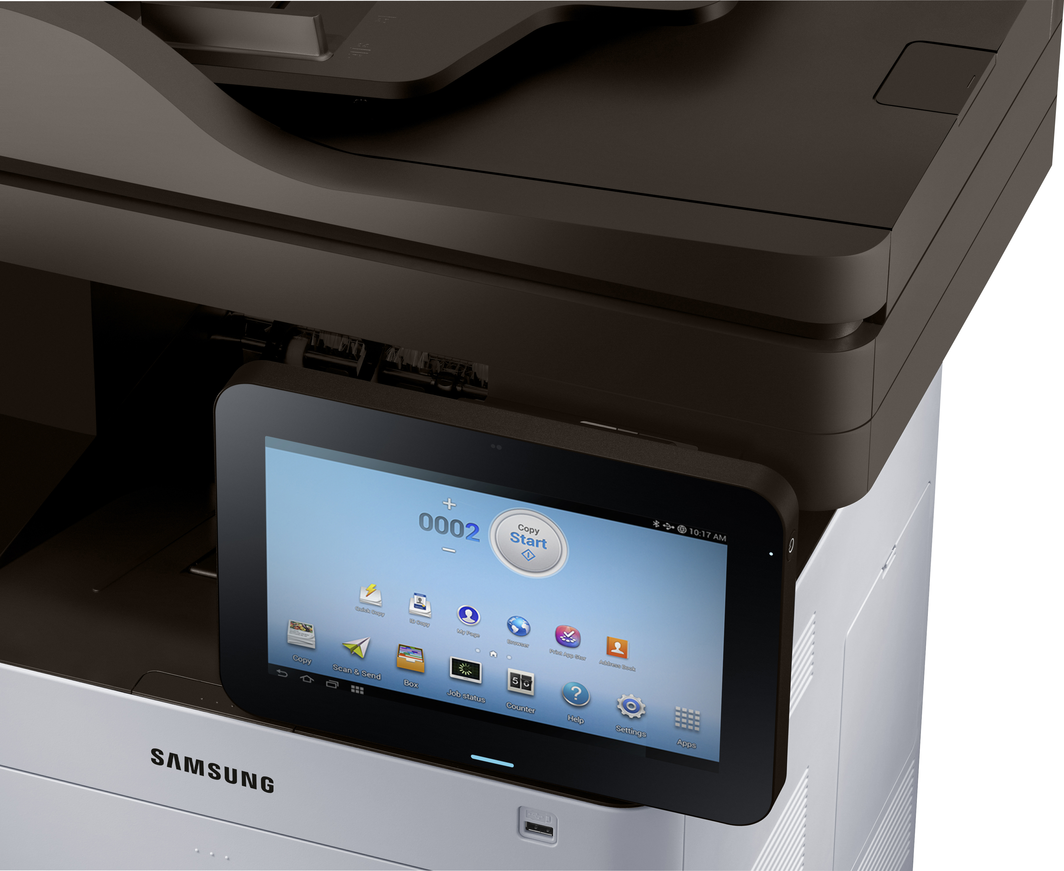 Primo piano dello schermo di una stampante Samsung. Mostra le opzioni del menu. Ha un touchscreen.