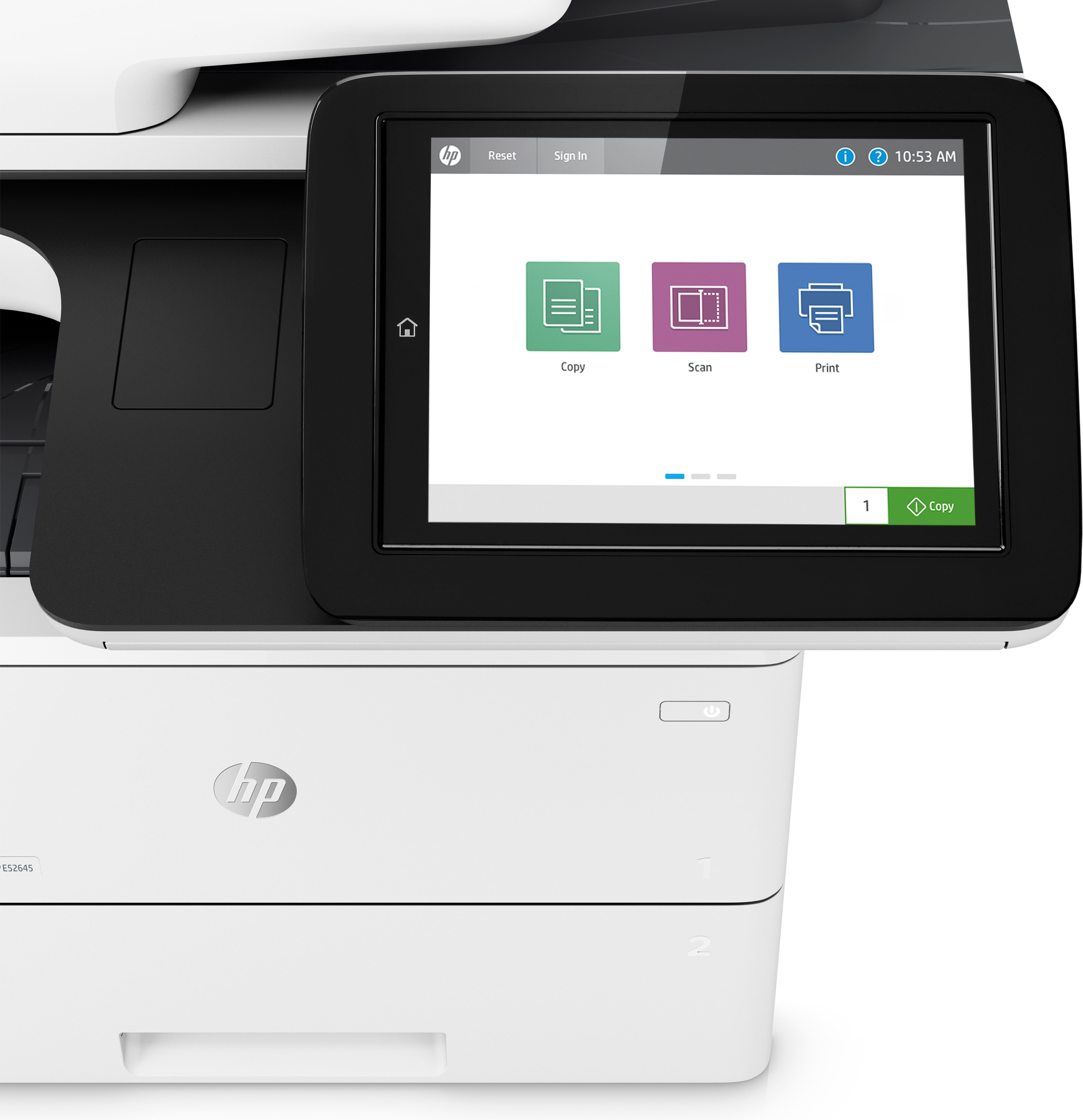 Ein weiß-schwarzer HP-Drucker mit Touchscreen, der Optionen zum Kopieren, Scannen und Drucken anzeigt.