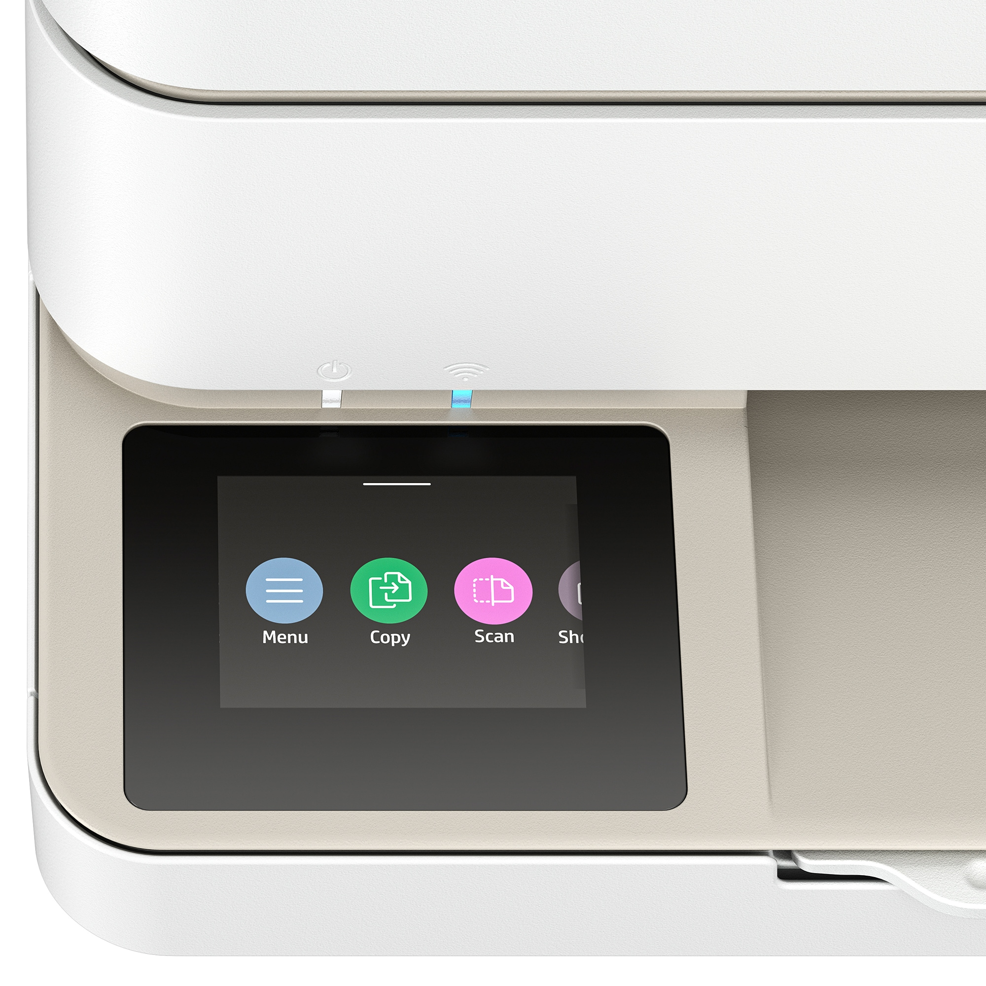 Primo piano di una stampante bianca con touchscreen che mostra le opzioni menu, copia e scansione.