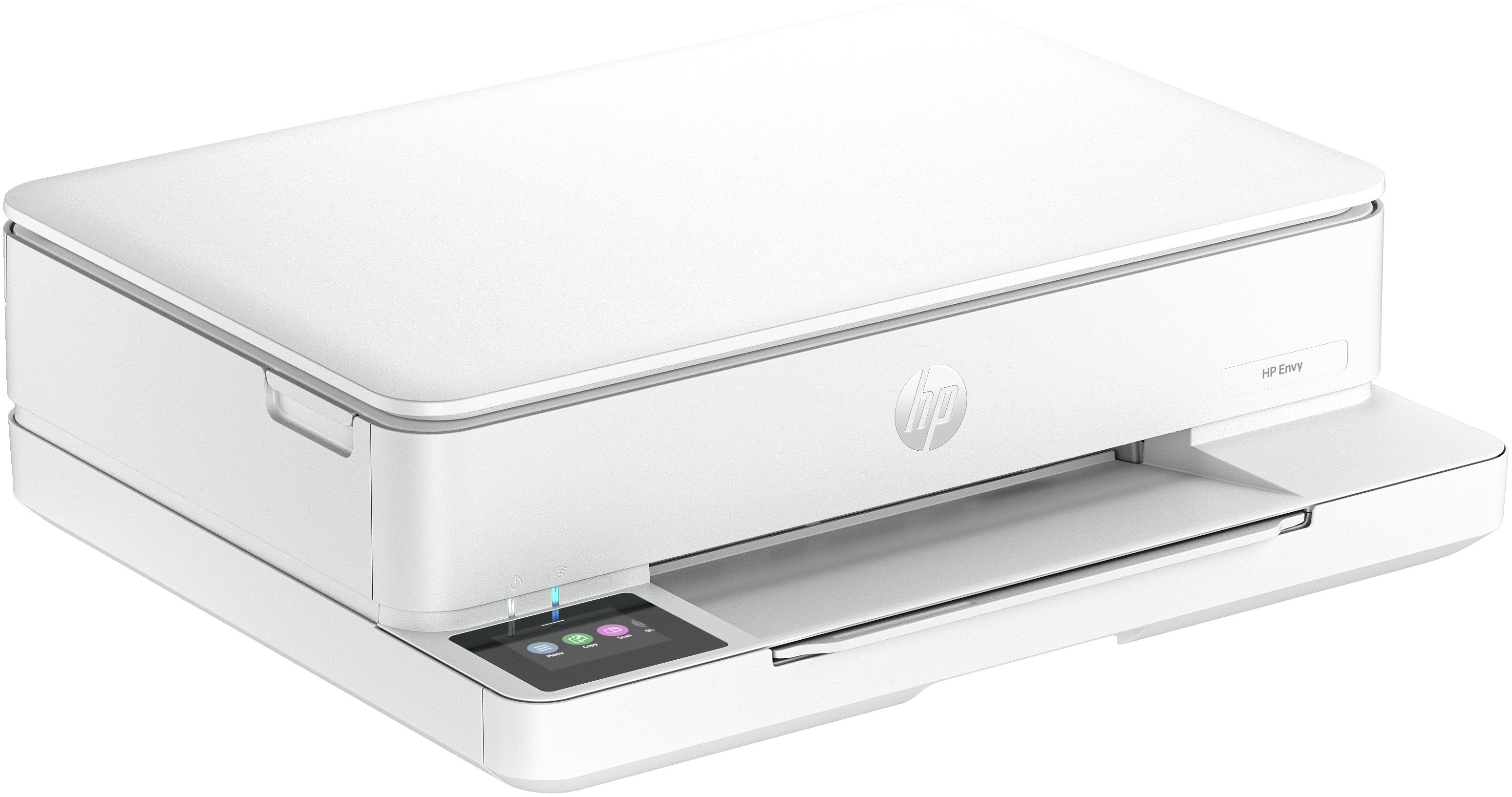 Weißer HP Envy-Drucker. Hat einen Touchscreen. Einfaches Design. Ein-Aus-Taste mit Licht.