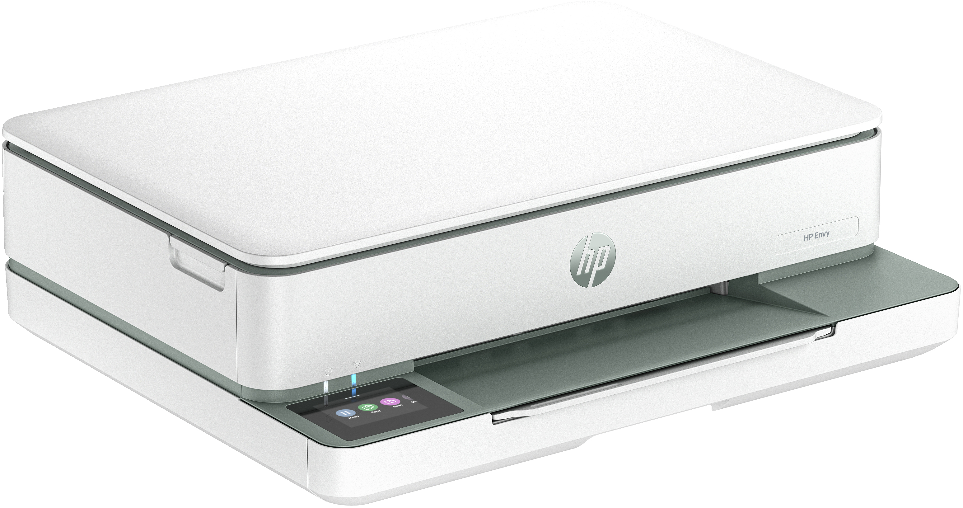 Weißer HP Envy Drucker mit grauem Sockel und Akzenten. Der Touchscreen ist beleuchtet.