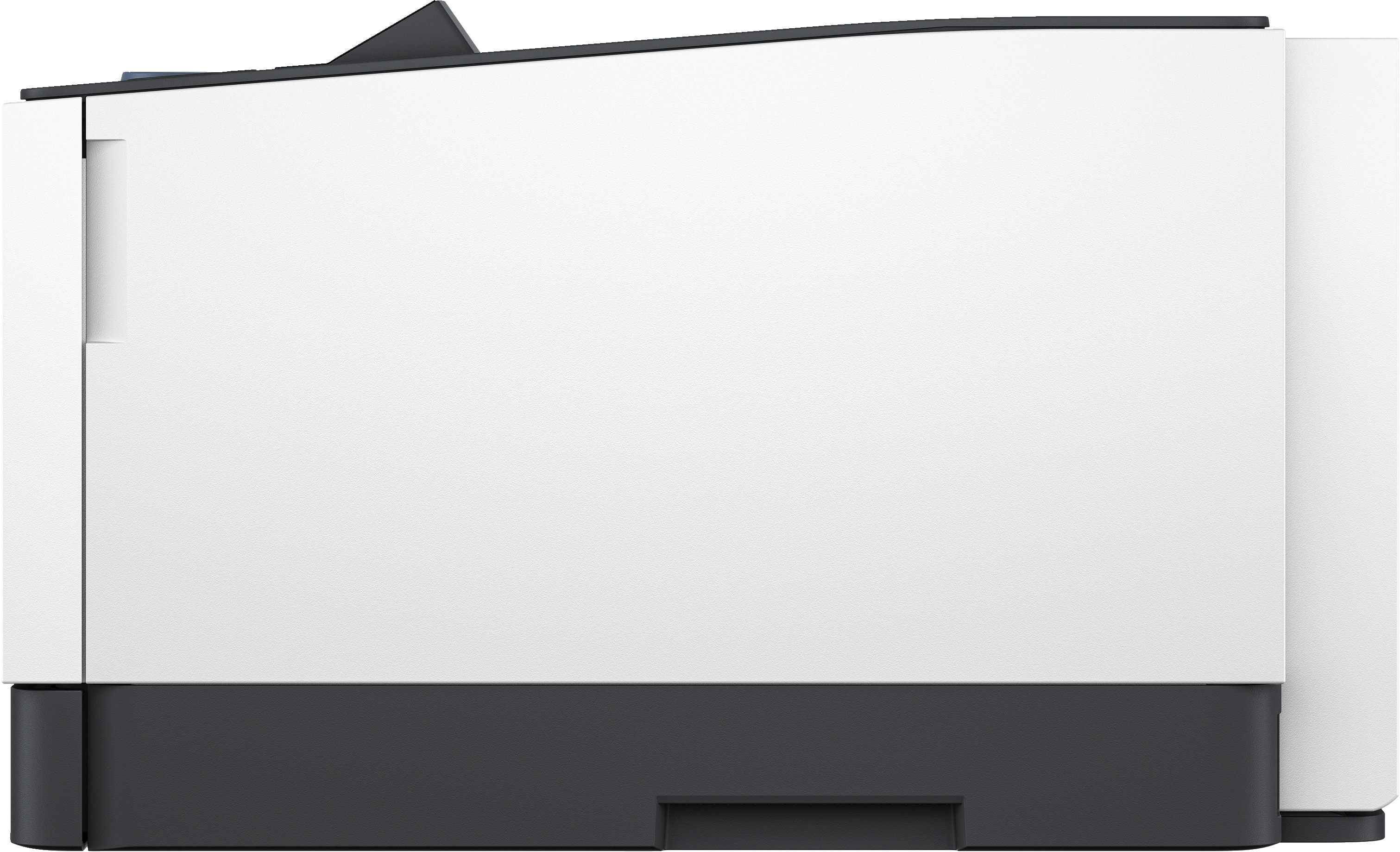 Side view of a white printer with a dark gray base. It's a simple design.