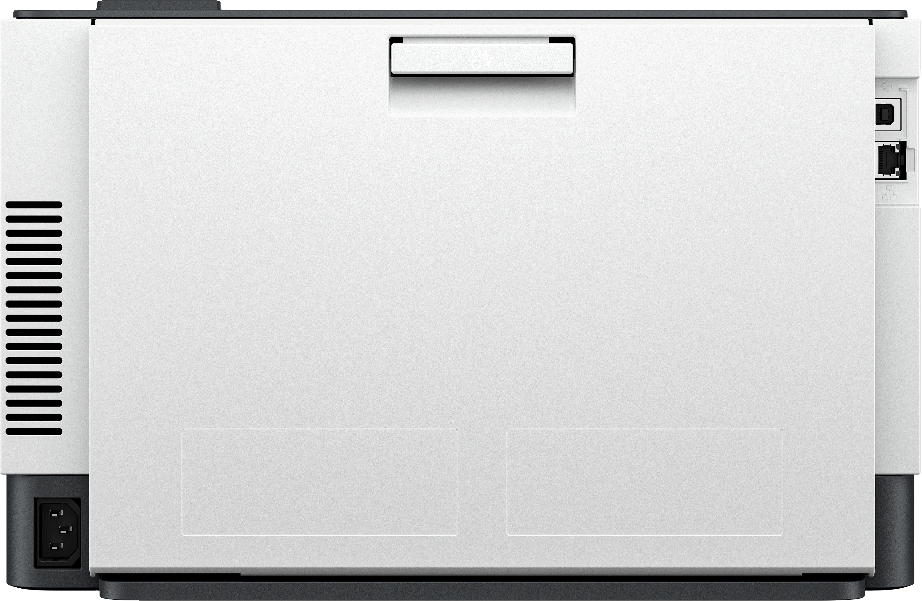Rear view of a white and black printer, showing power port, ventilation, and ports.