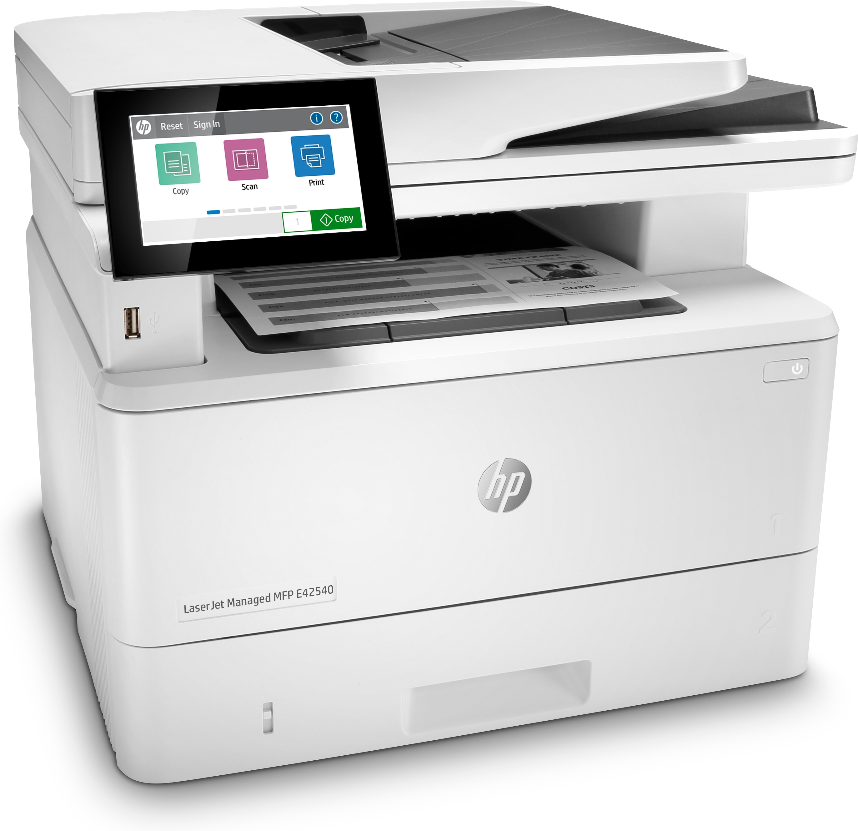 Ein weißer Drucker mit Touchscreen-Anzeige und HP-Logo. Papierausgabefach sichtbar.