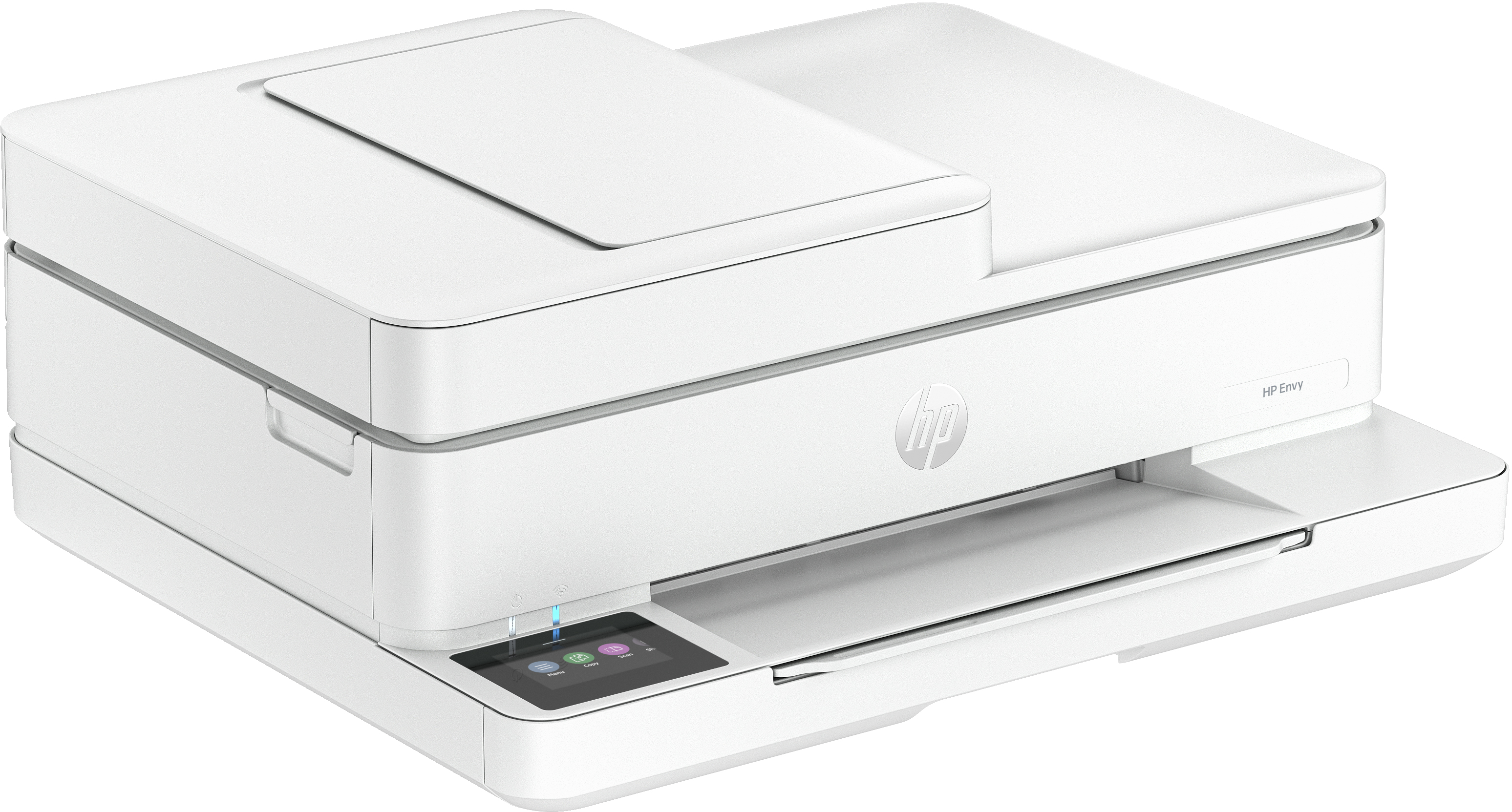 Witte HP-printer met scanner. De printer heeft een bedieningspaneel en papierlade.