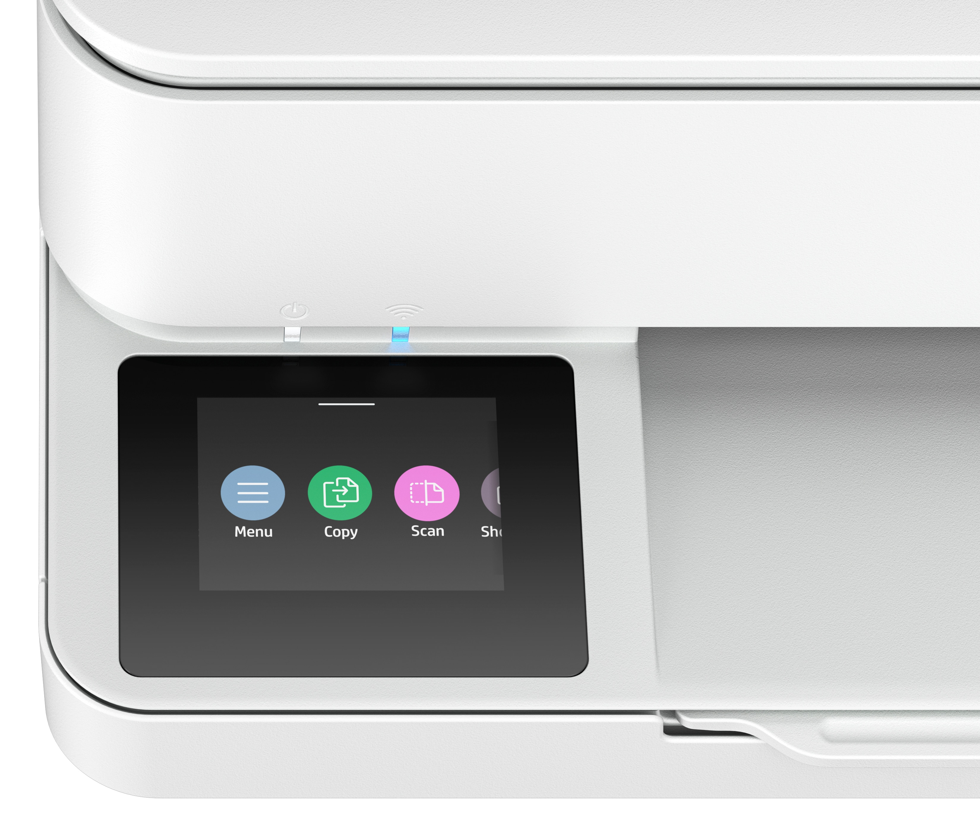 Weißer Drucker mit einem Bildschirm, der Menü-, Kopier-, Scan- und Freigabeoptionen anzeigt. Weißer Hintergrund.