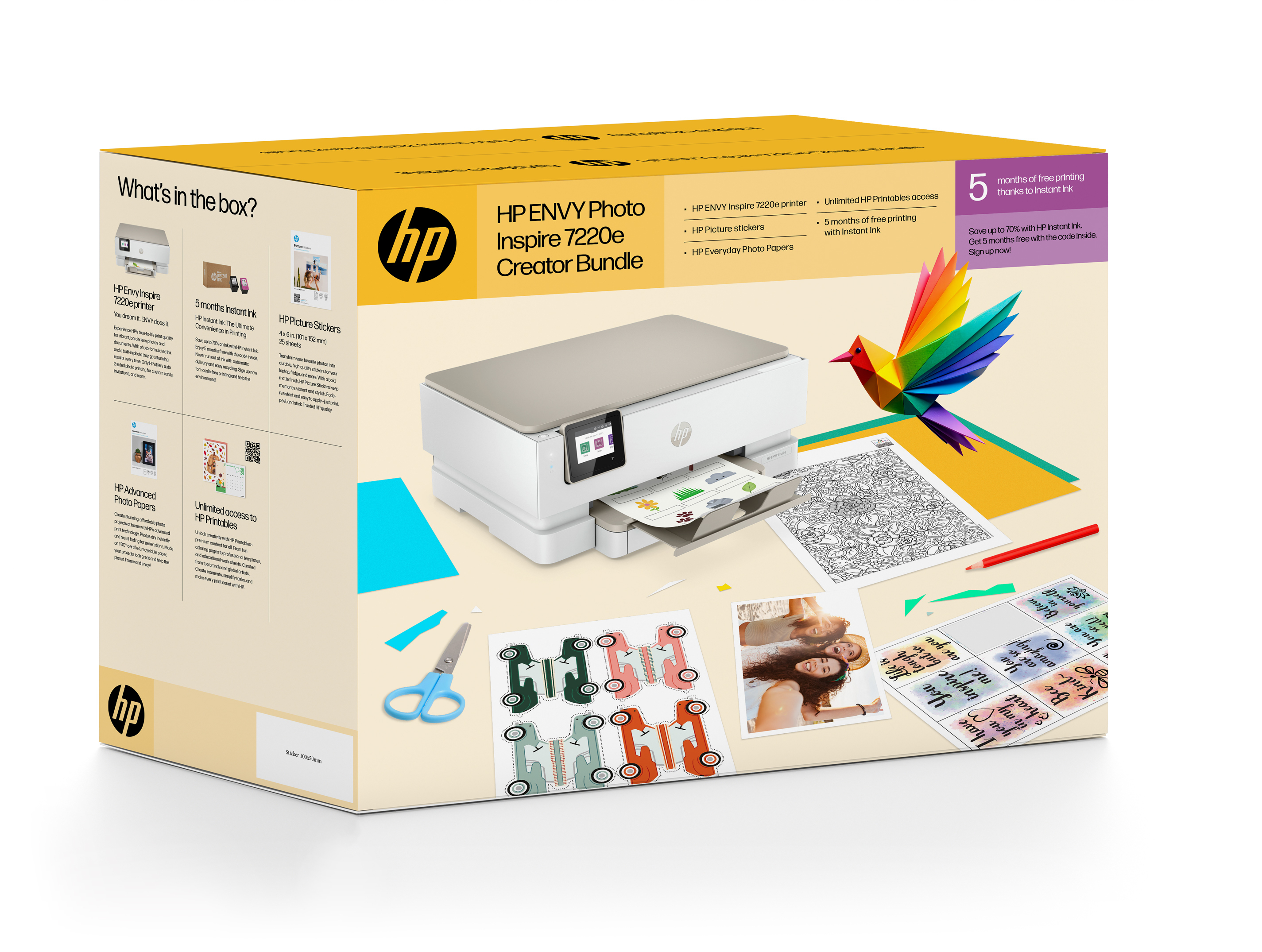 HP Envy Photo Creator Bundle box. Contains printer, stickers, and photo paper. White background.