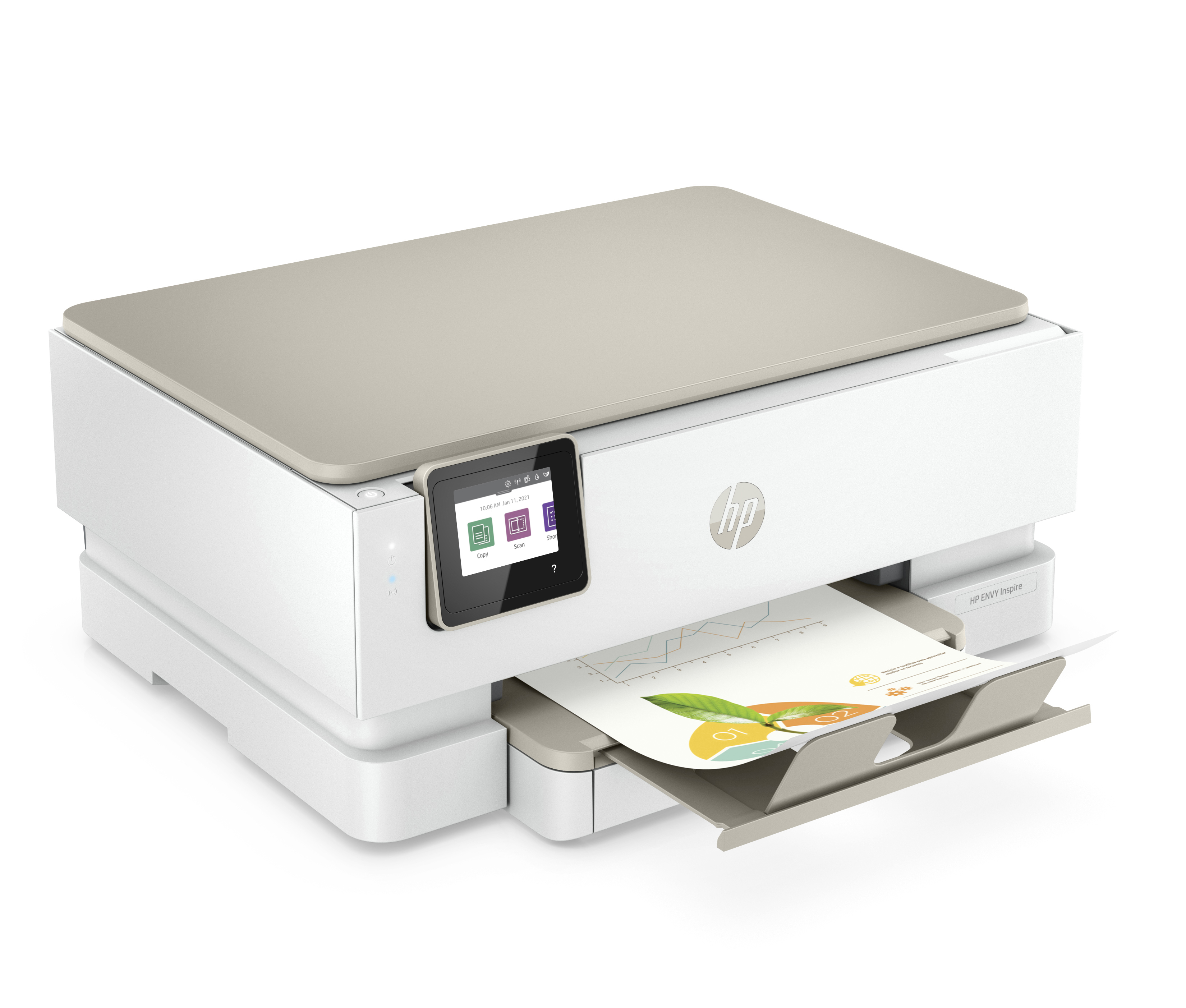 A white and beige HP printer with a paper output tray.