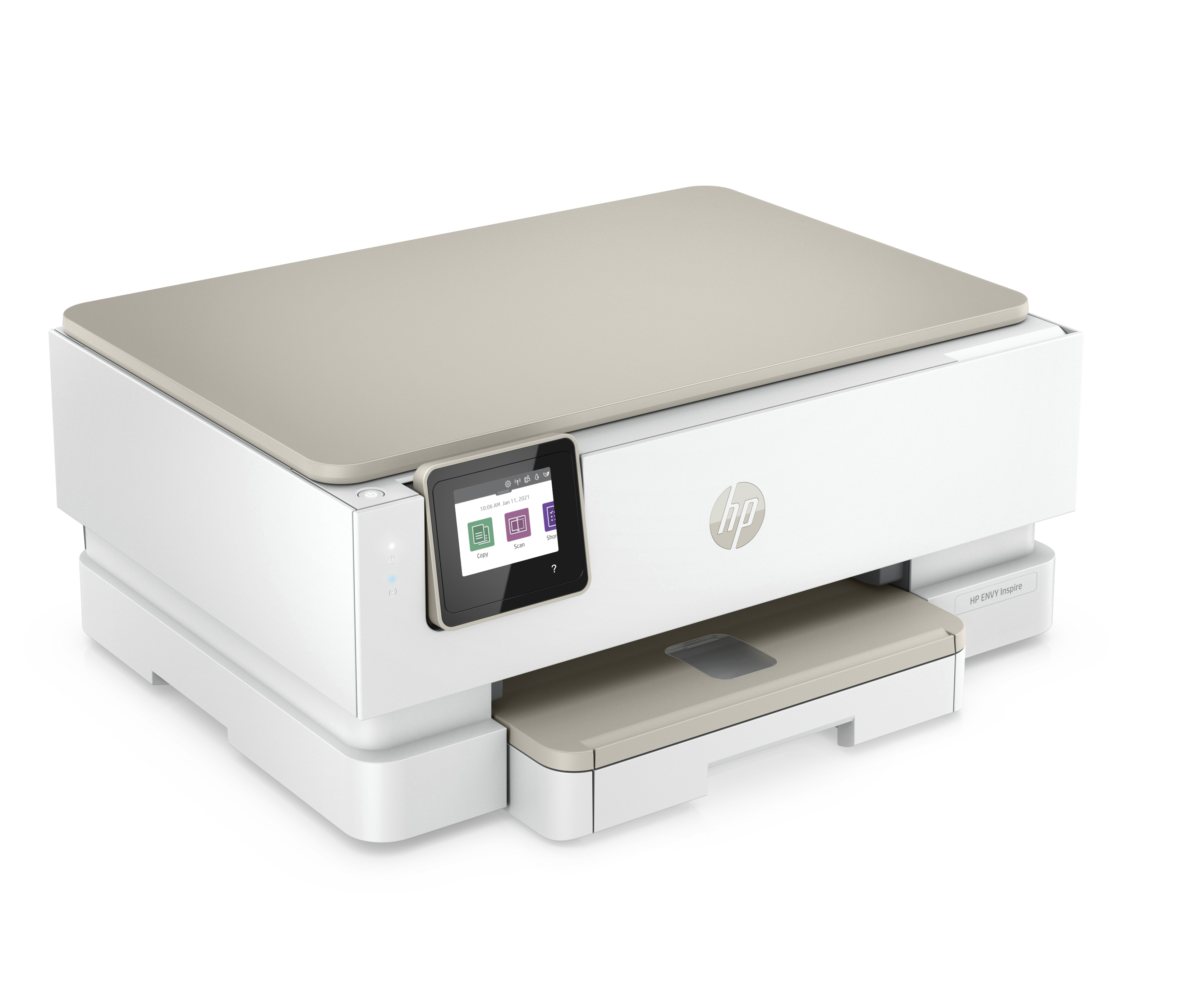 White HP printer. Beige top. Has a touchscreen display. The brand logo is on the top.