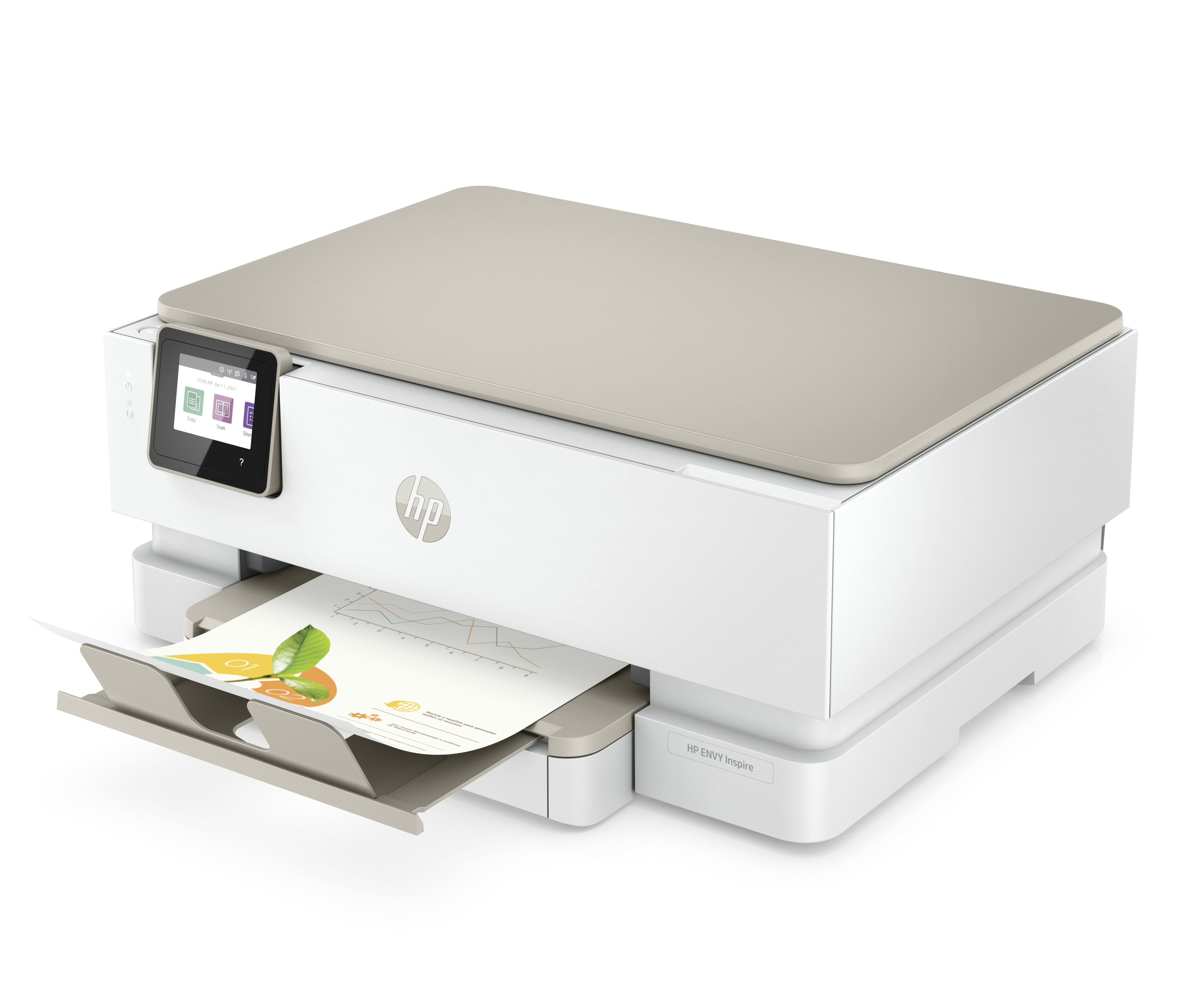 White and beige HP printer. Printing a document with text. White background.