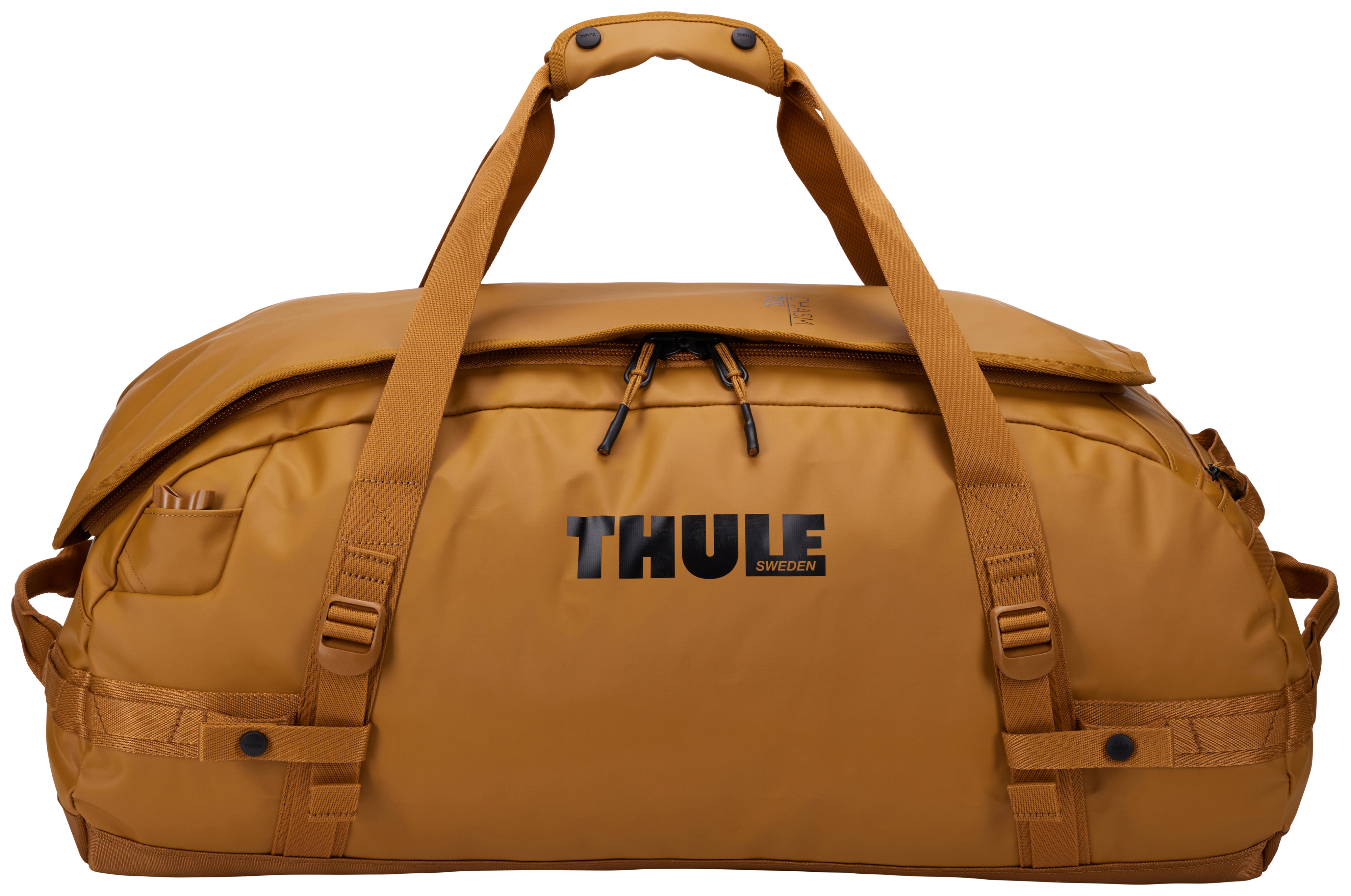 Brązowa torba podróżna z czarnymi detalami. Widoczne logo THULE.