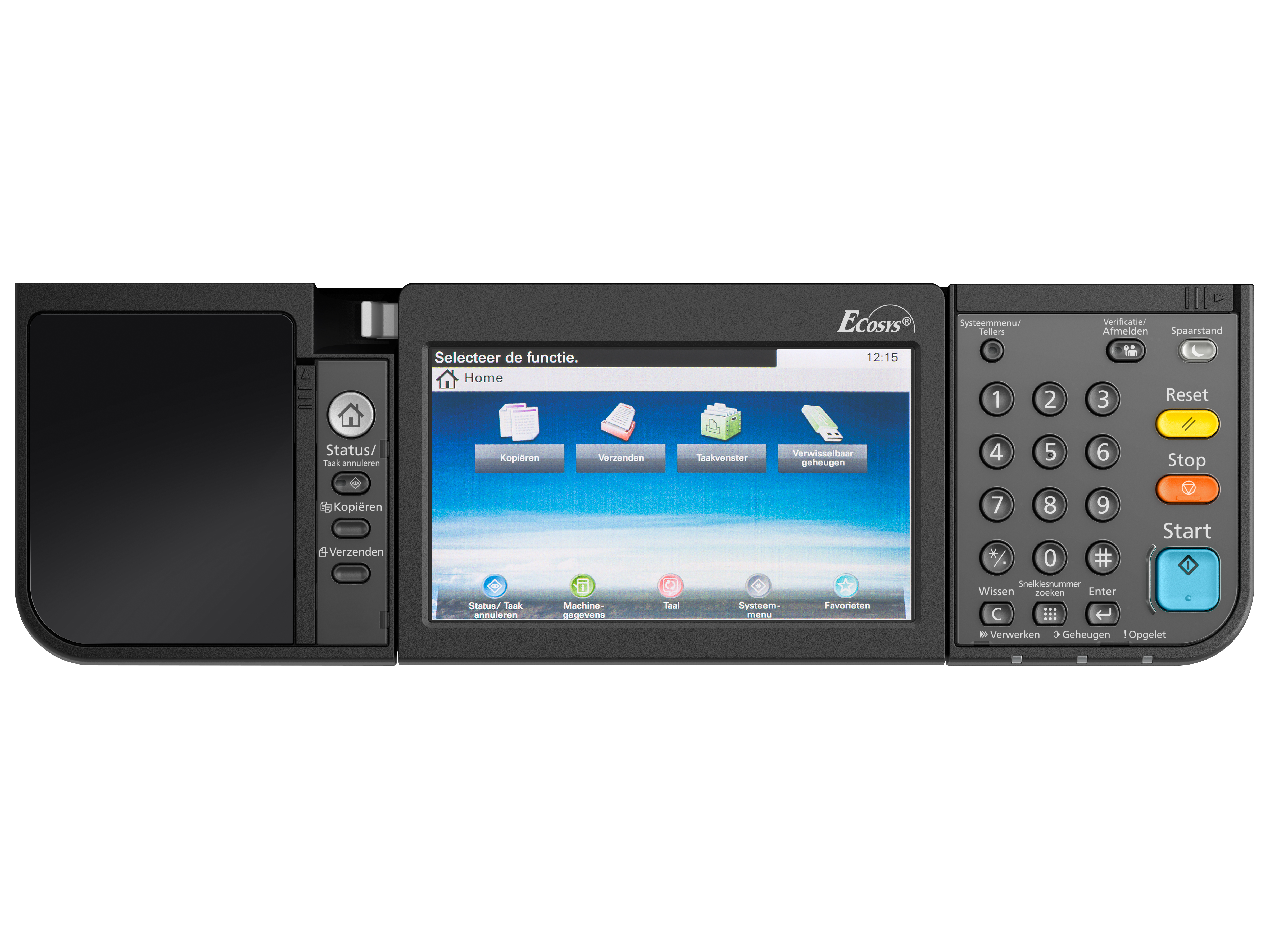 Pannello di controllo stampante con ampio touchscreen e diversi pulsanti.
