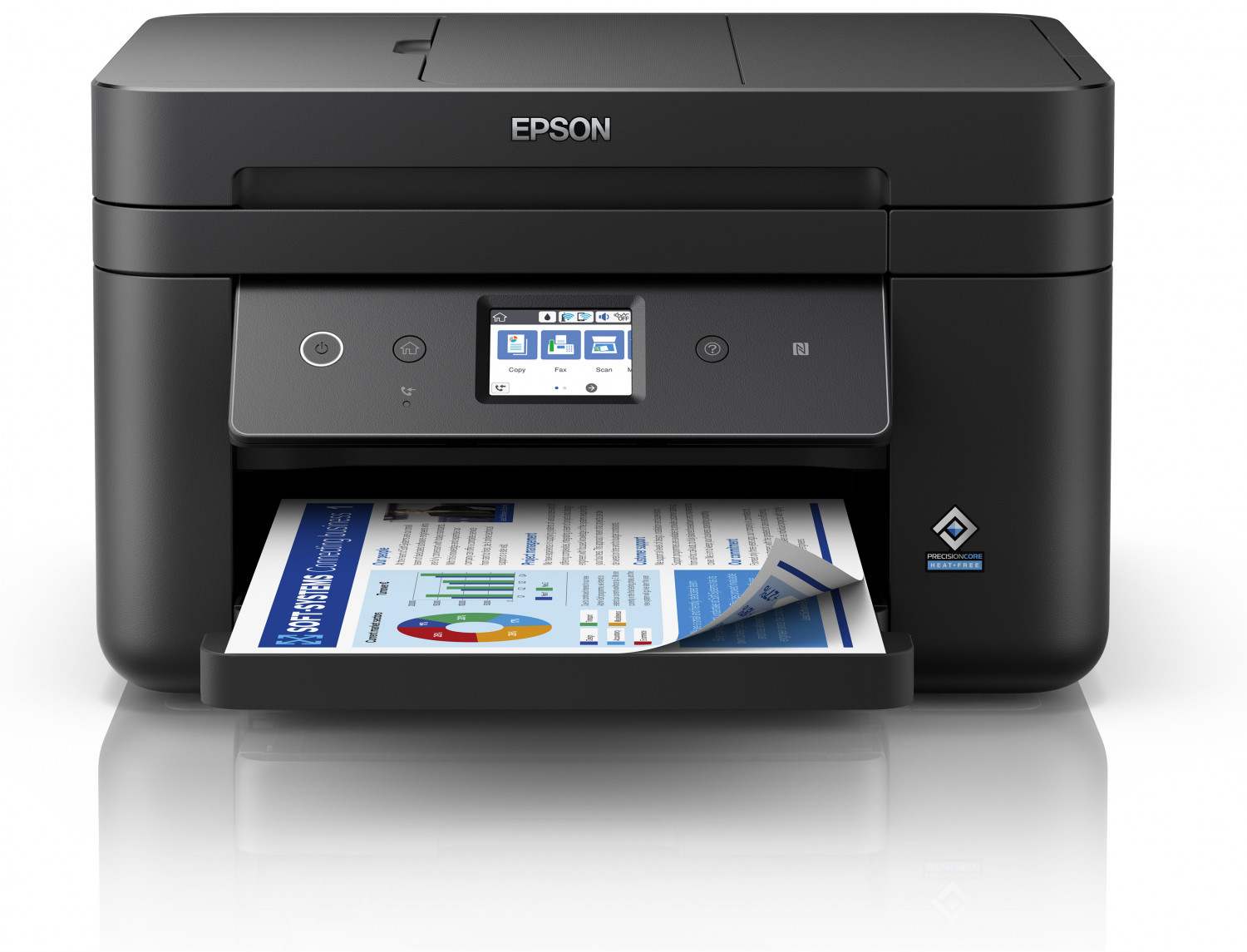 Stampante Epson nera che stampa un documento. Lo schermo mostra le opzioni copia, fax, scansione.