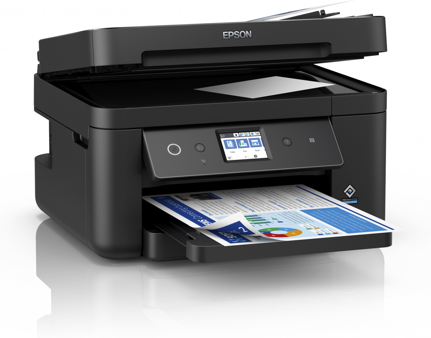 Stampante Epson nera con un documento nel vassoio di uscita. La parte superiore è aperta. Ha uno schermo.