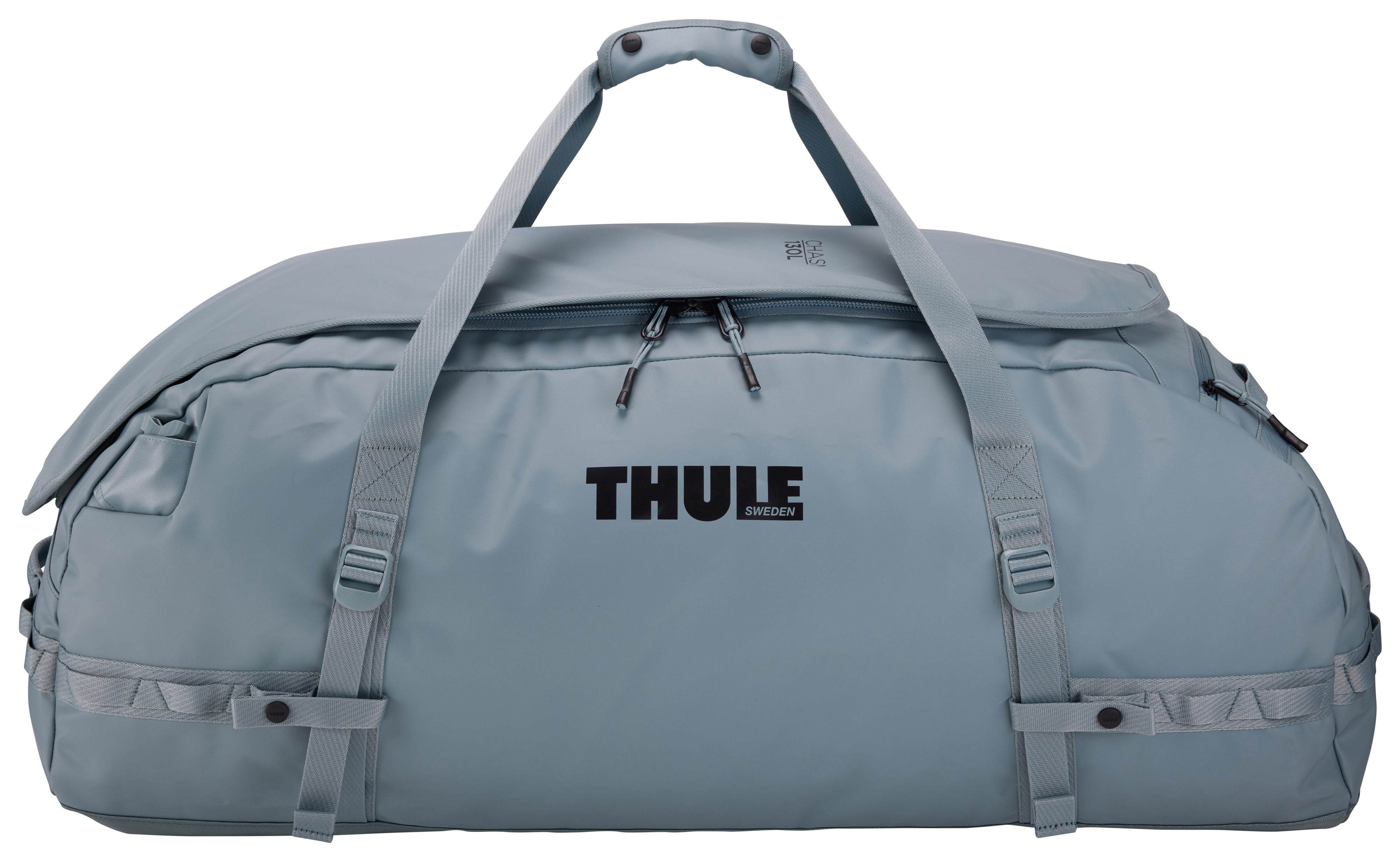 Graue große Reisetasche mit schwarzem THULE-Logo. Graue Gurte und Griffe.