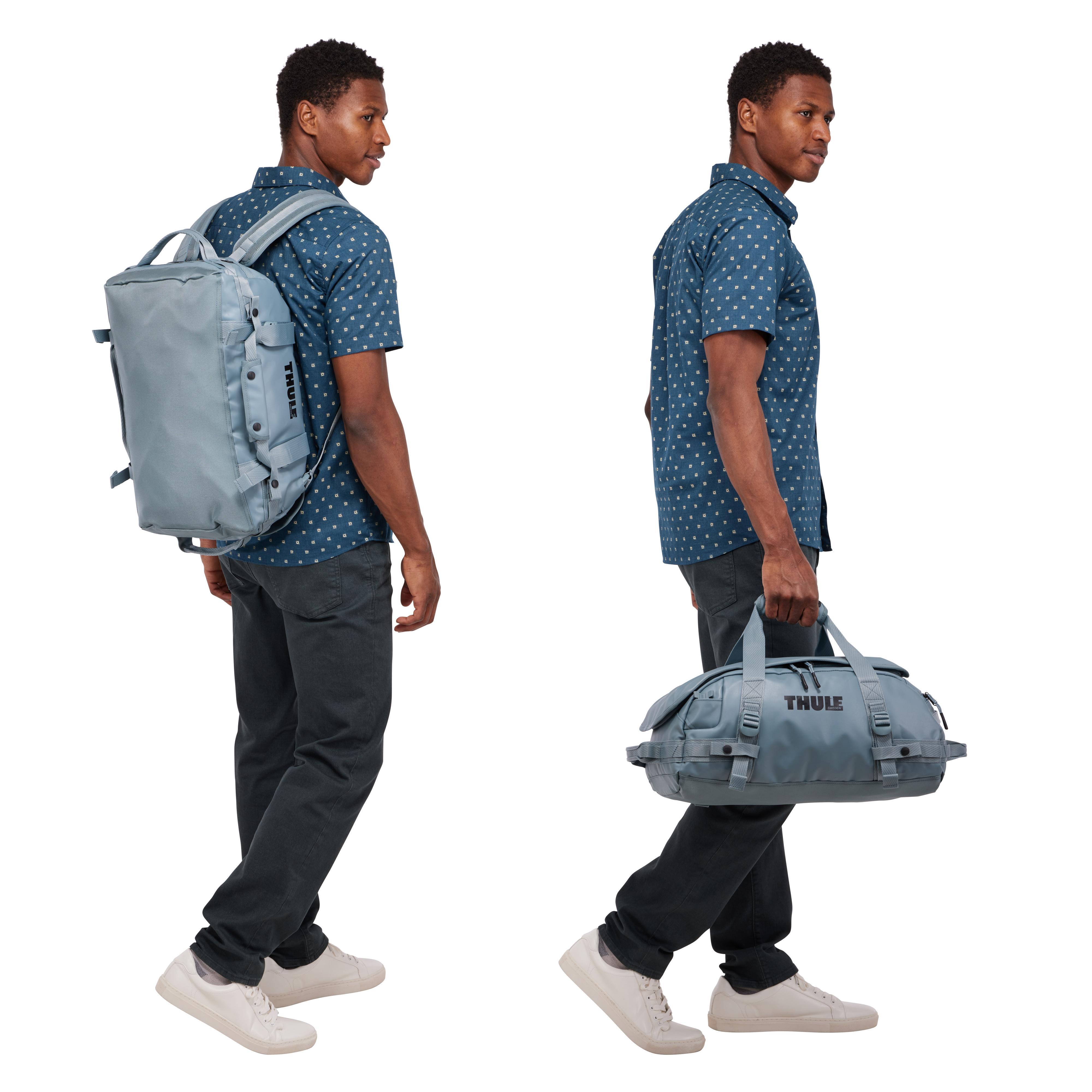 Mężczyzna w niebieskiej koszuli, trzymający i noszący niebieski plecak i pasującą torbę podróżną.