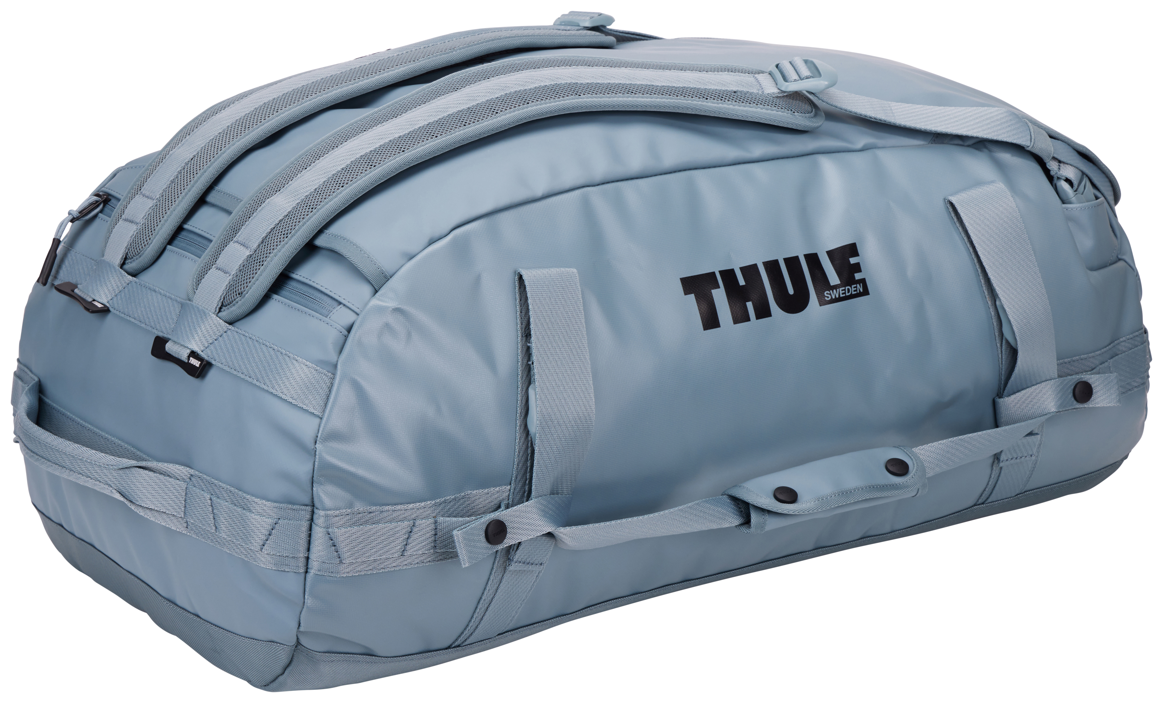 Blaue Reisetasche mit schwarzem Text 'THULE SWEDEN'.