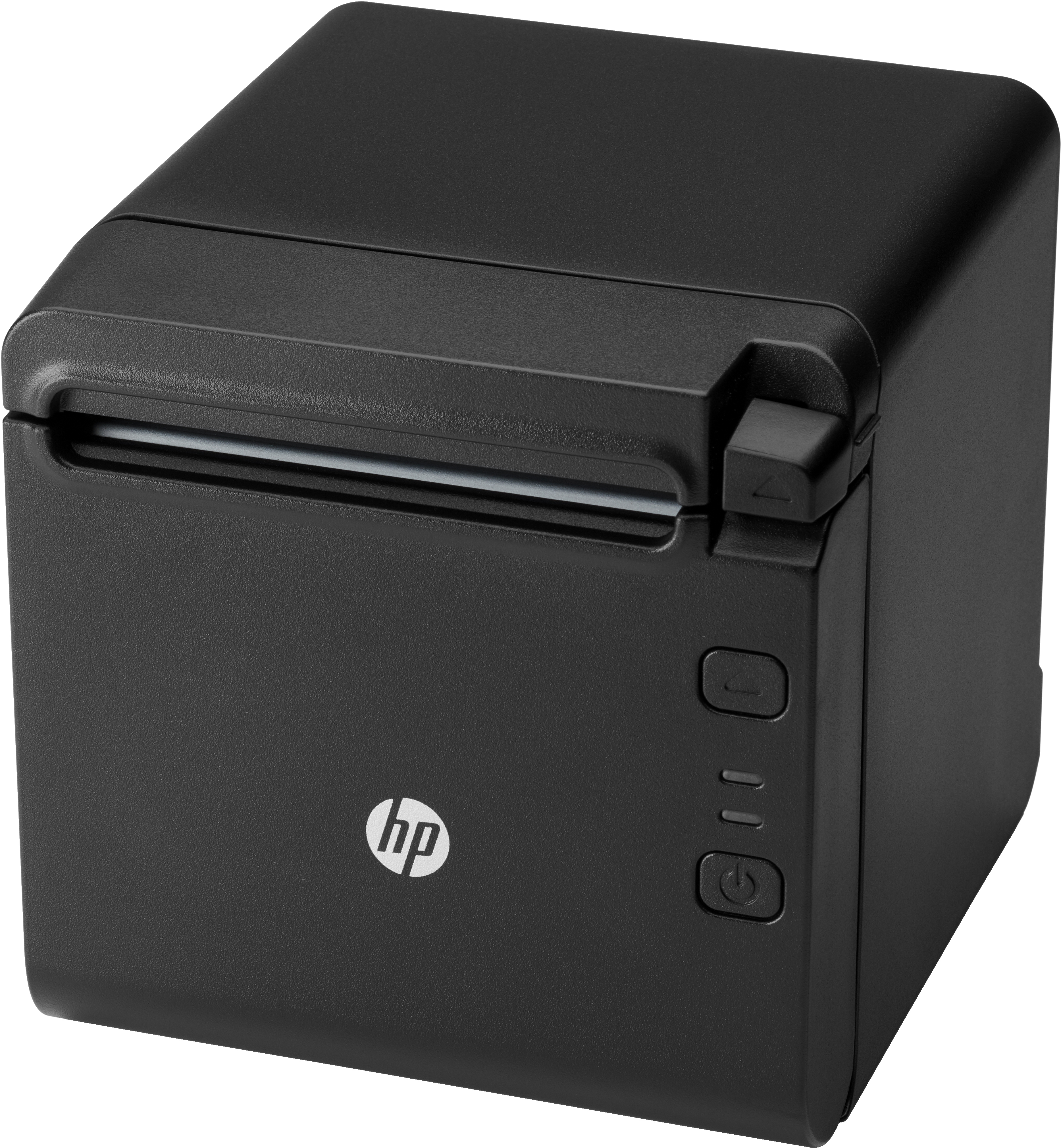 Een zwarte HP printer. Het heeft een vierkante vorm met afgeronde hoeken. HP logo is zichtbaar.