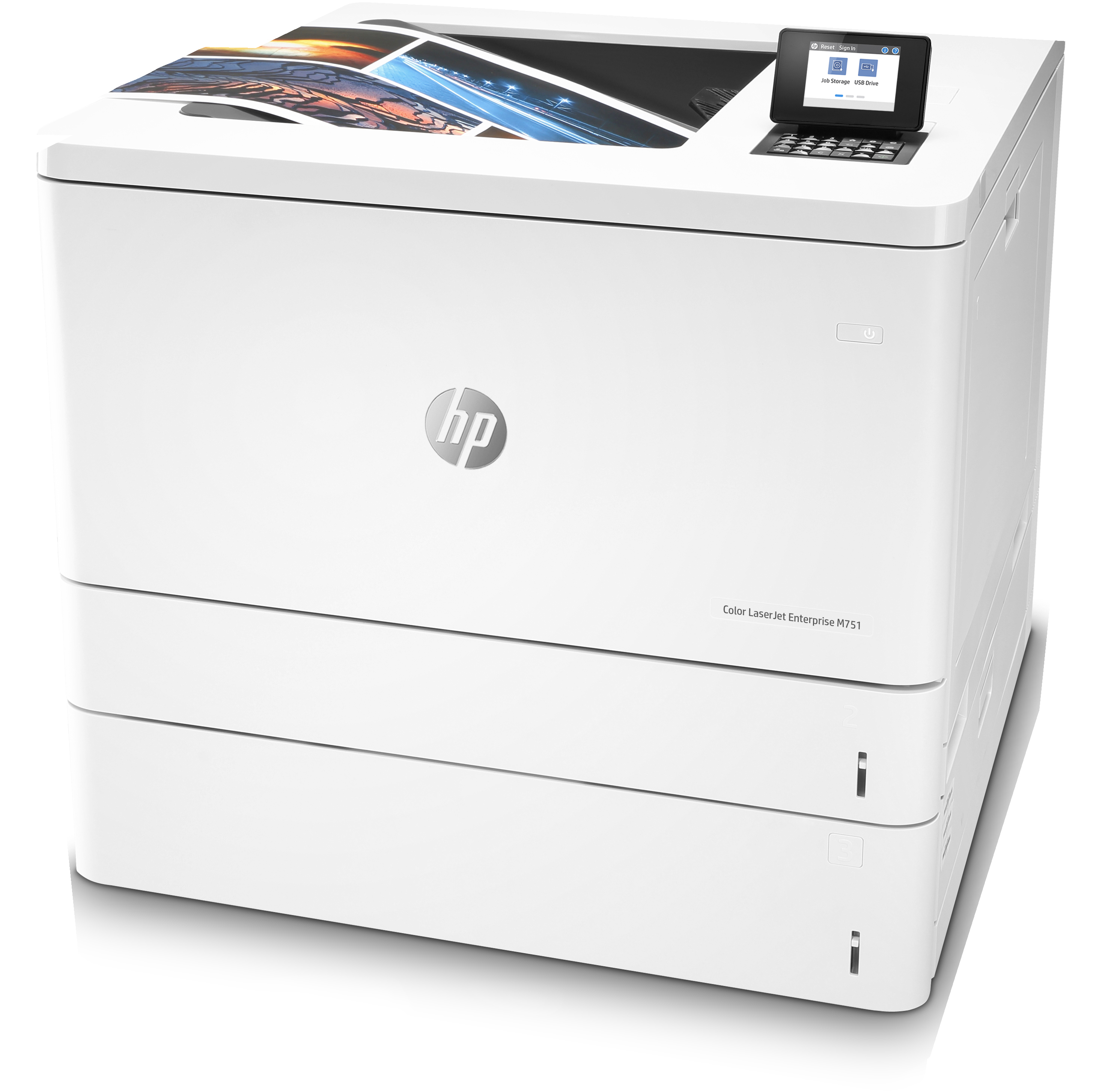 Una stampante HP bianca con touchscreen e vassoio carta. La stampante è impilata.