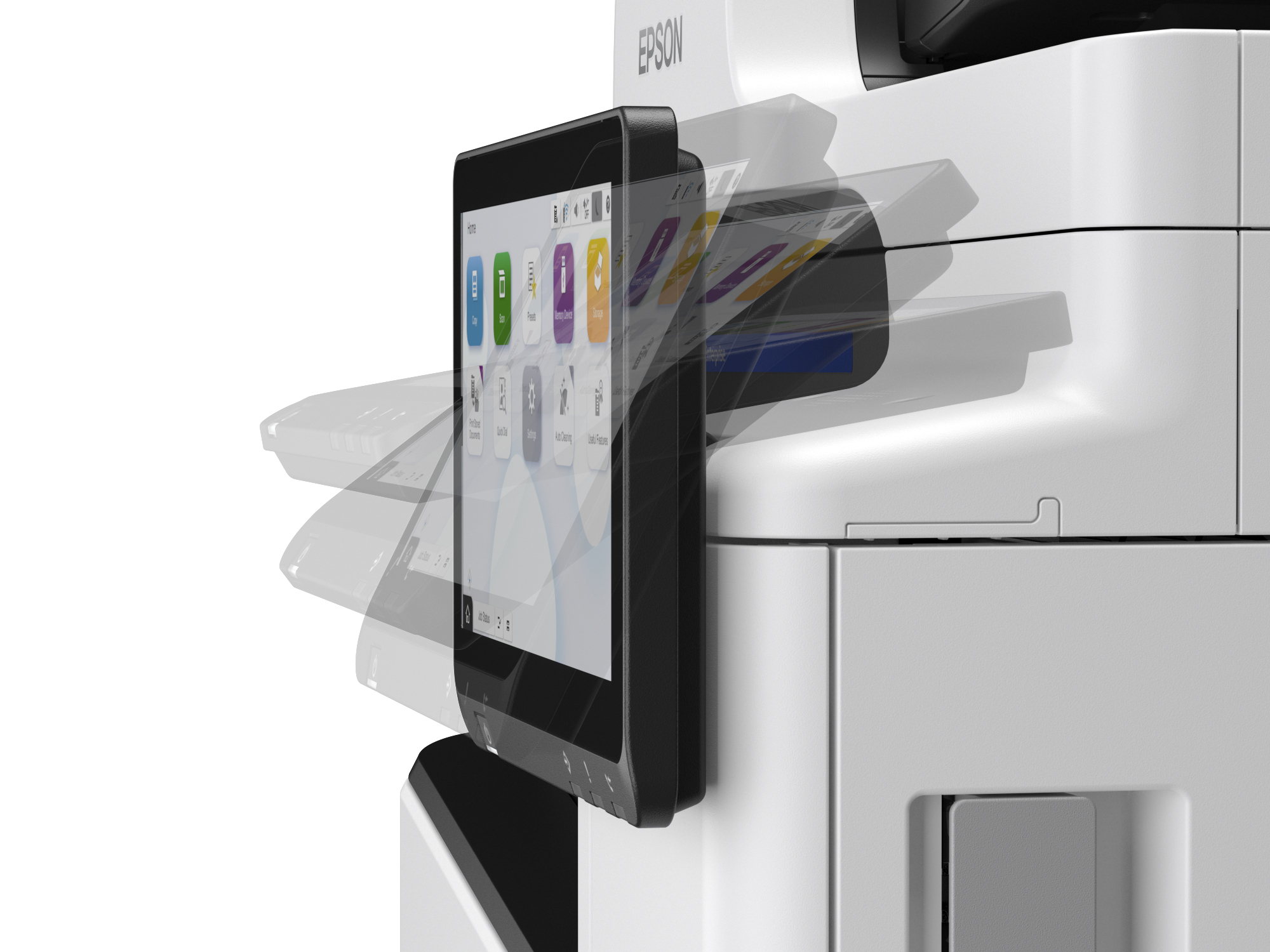 Stampante Epson con uno schermo che mostra le opzioni dell'interfaccia.