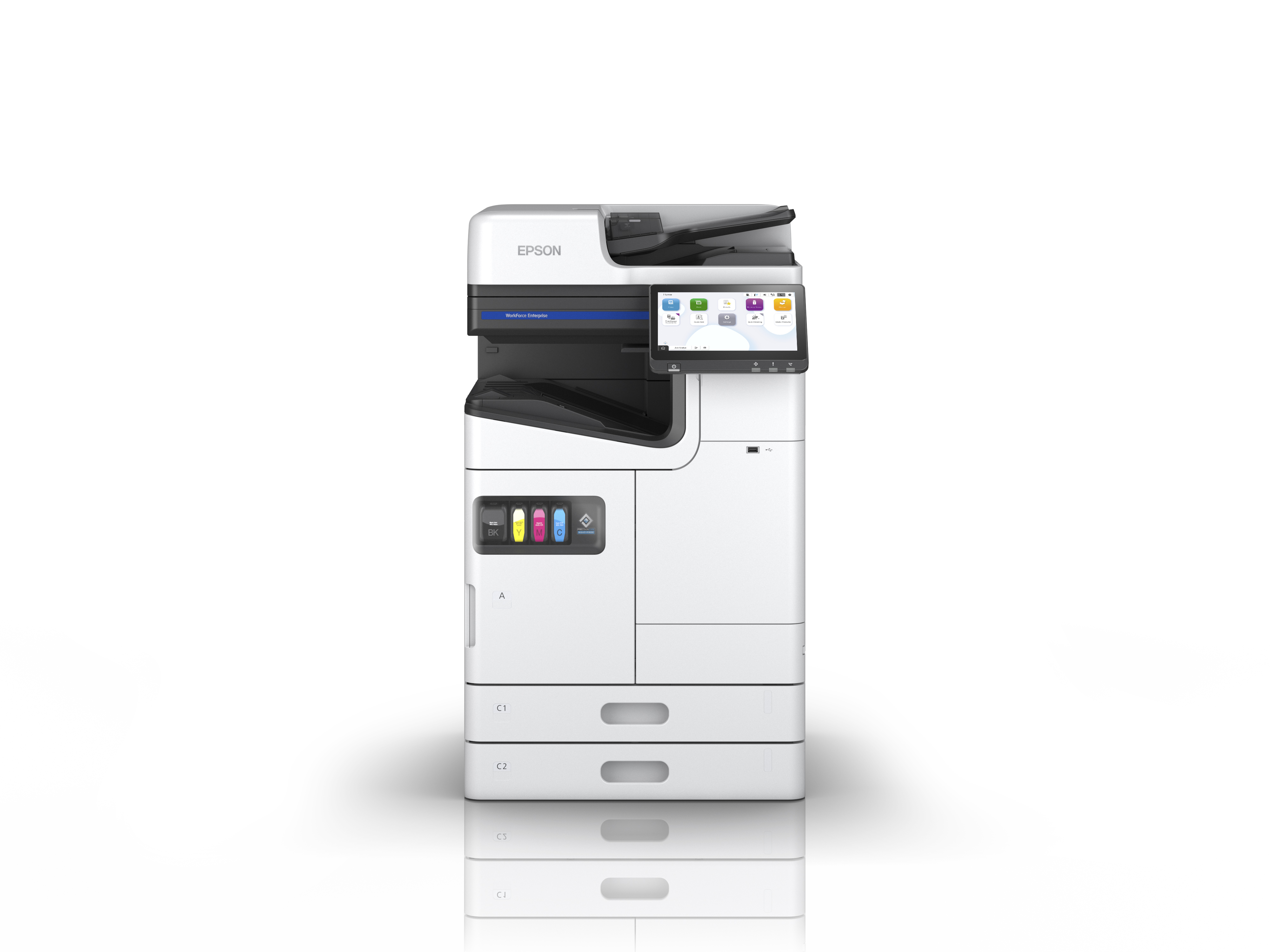 Stampante Epson bianca con touchscreen. Ha un vassoio carta e cartucce d'inchiostro a colori.