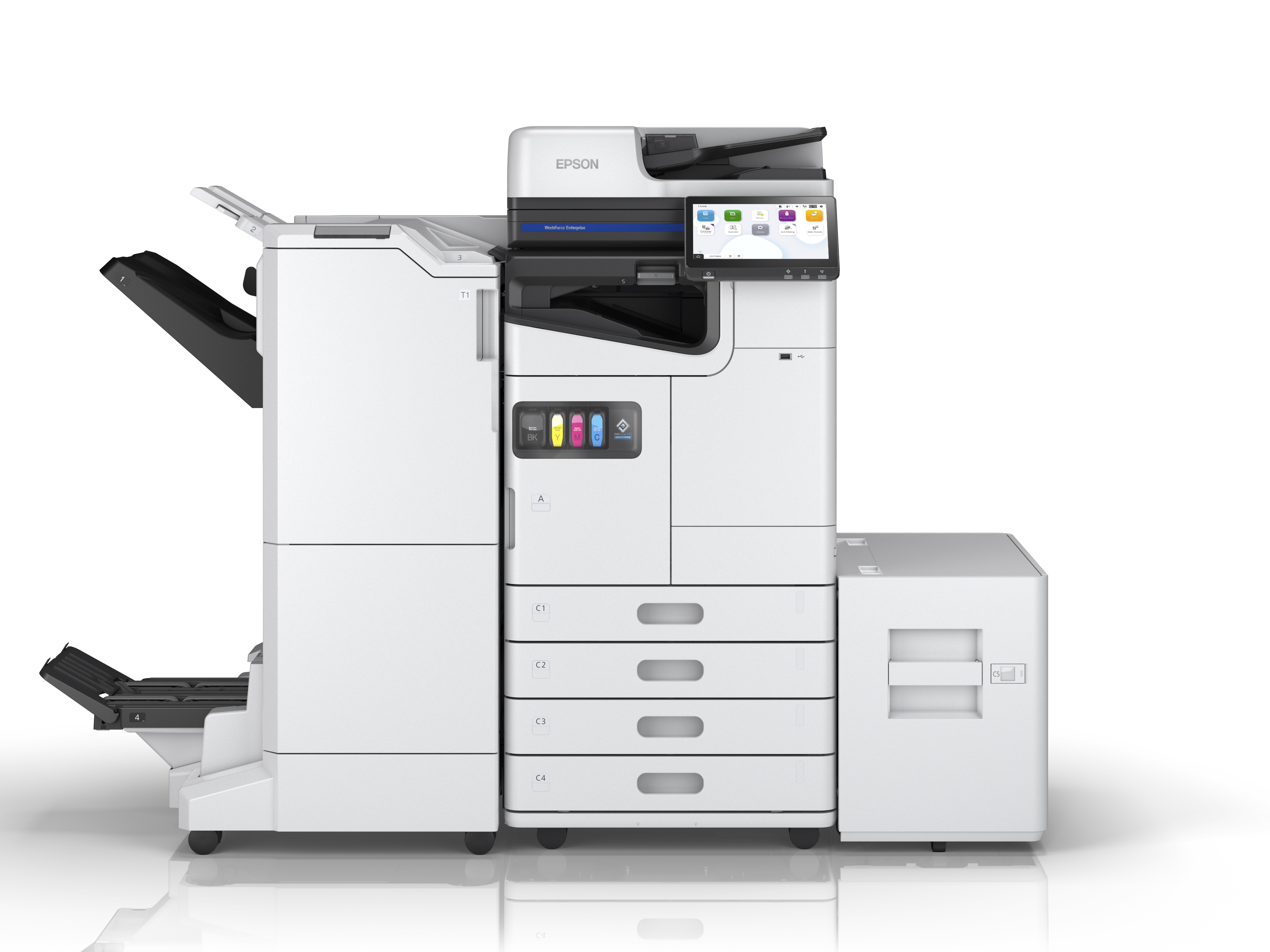 Una stampante Epson bianca. Ha un touch screen e vassoi per la carta.
