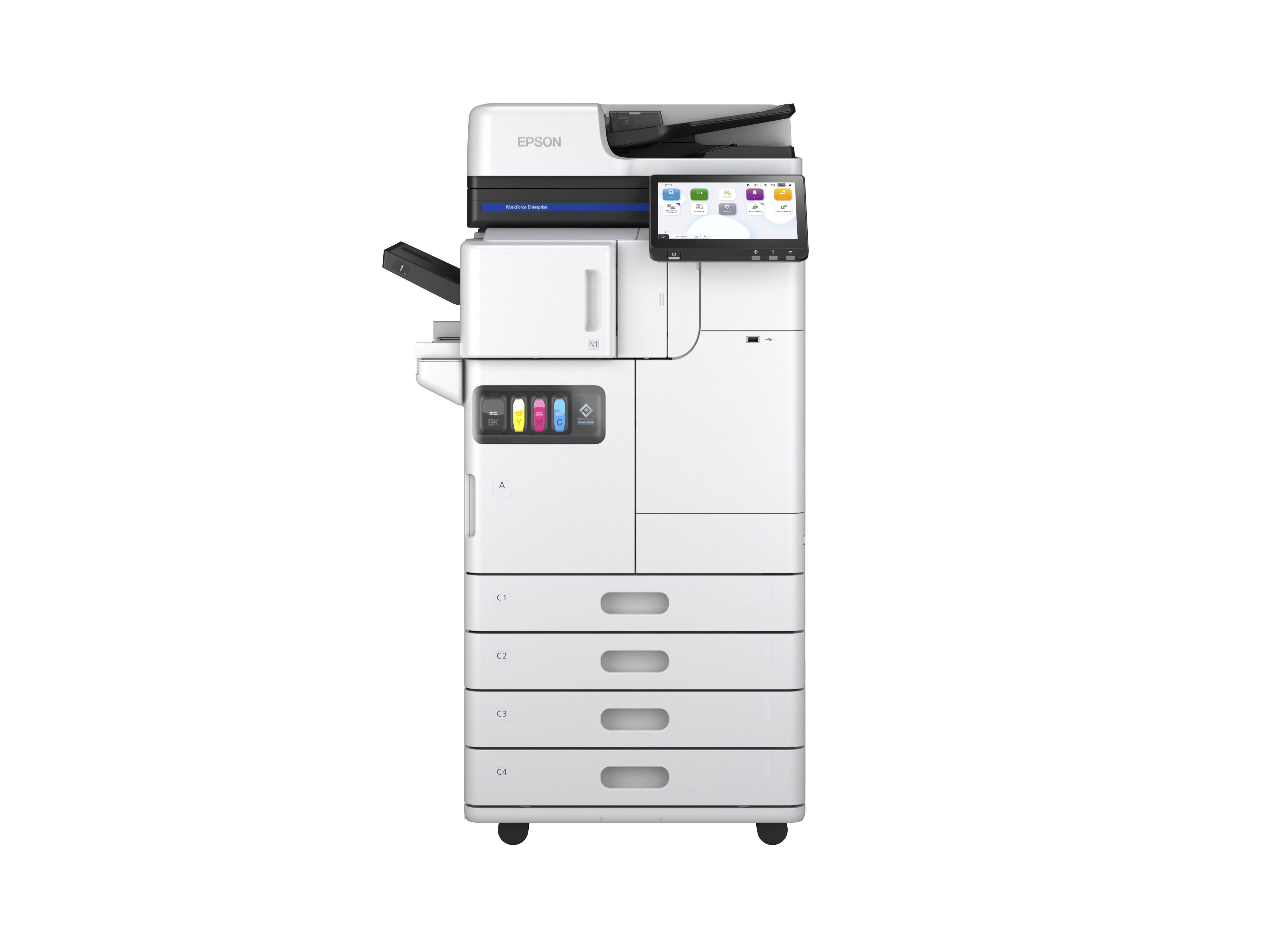 Una stampante Epson bianca. Ha un touch screen e vassoi per la carta.
