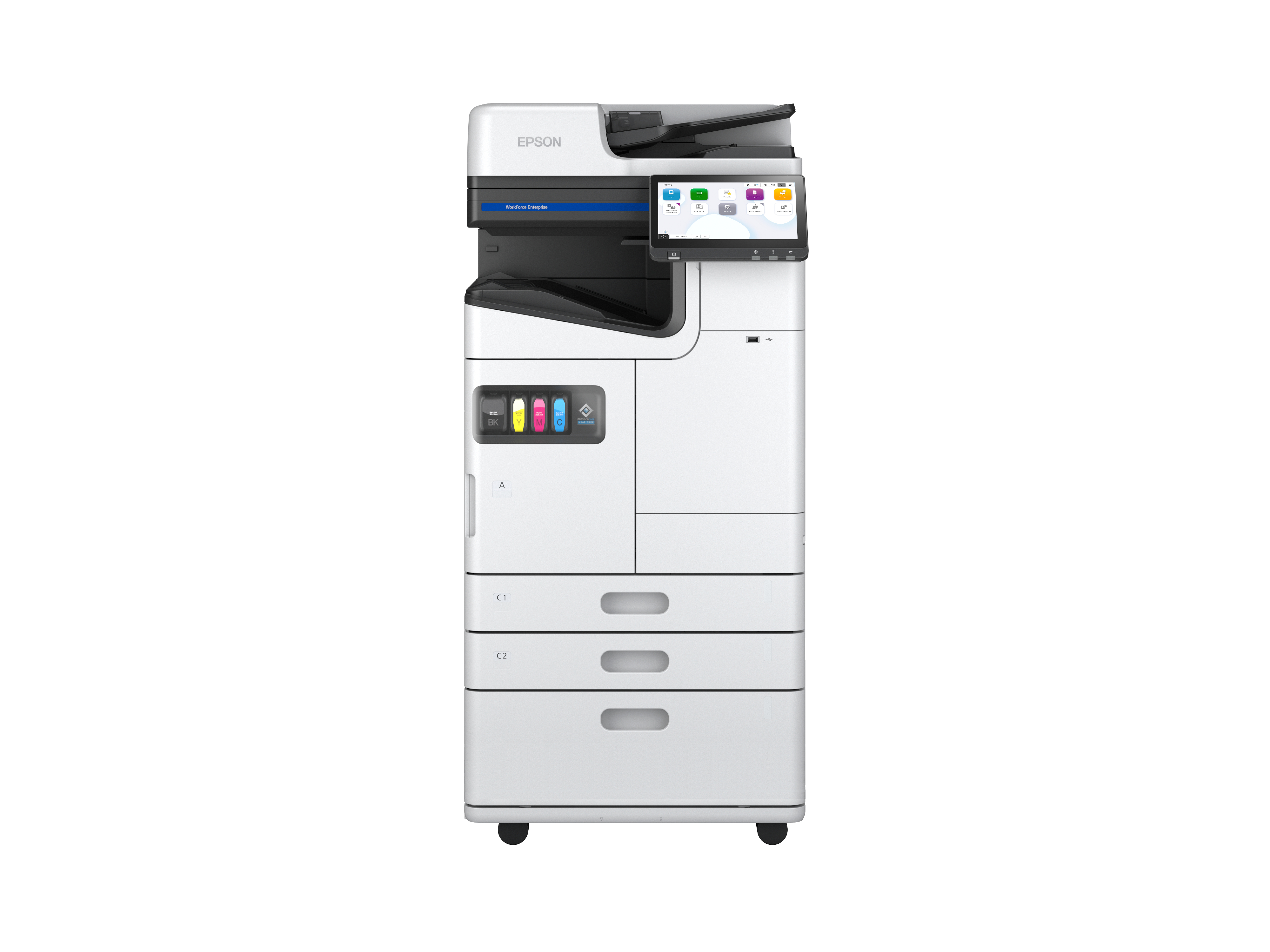 Stampante Epson bianca e nera. Ha un touchscreen e diversi vassoi di alimentazione carta.