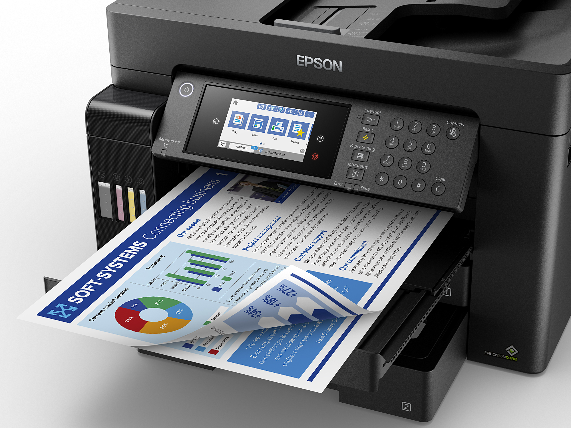 Epson yazıcı, grafik ve metin içeren bir belge basıyor, çıktıyı gösteriyor.