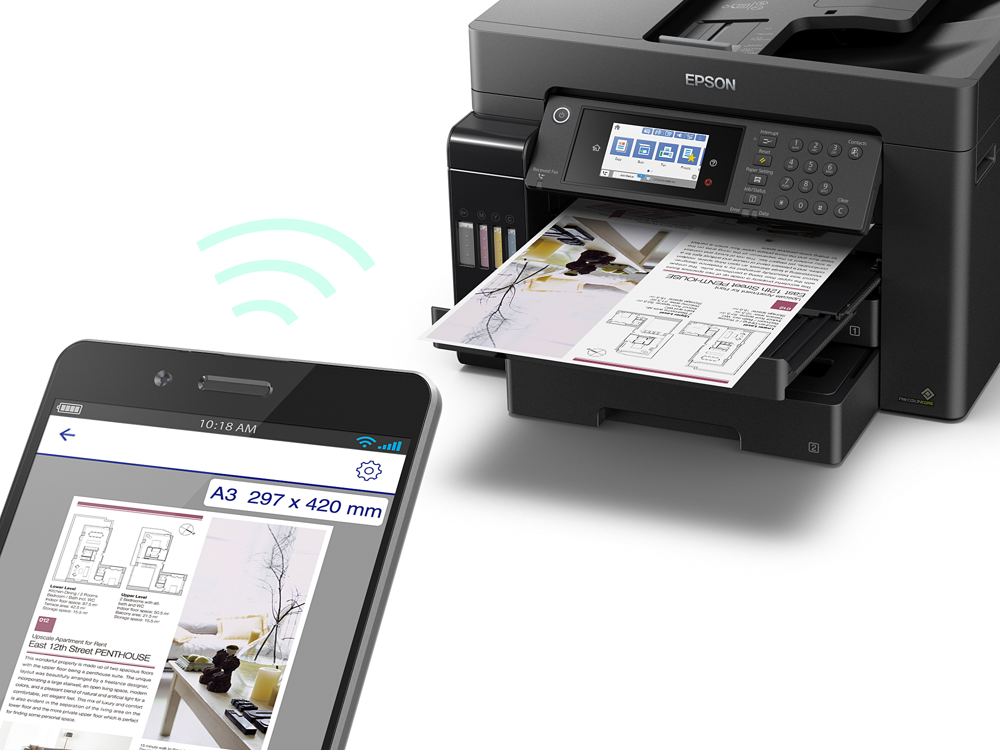 Bir akıllı telefon, bir Epson yazıcıya kablosuz olarak yazdırma yapıyor. Bir ev planı içeren bir belge yazdırılıyor.