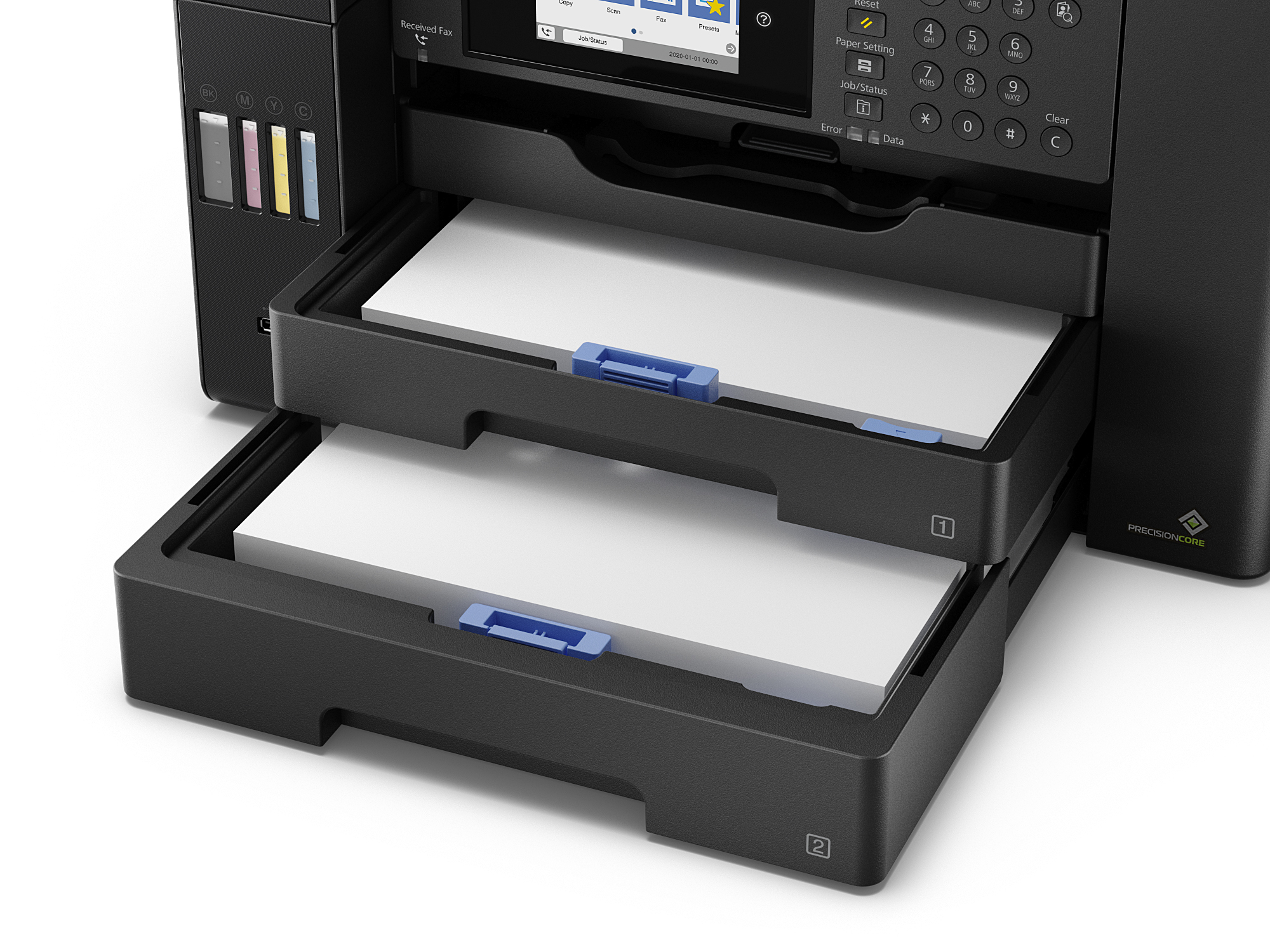 İki açık kağıt tepsili Epson yazıcı. Her birinin içinde beyaz kağıt var.