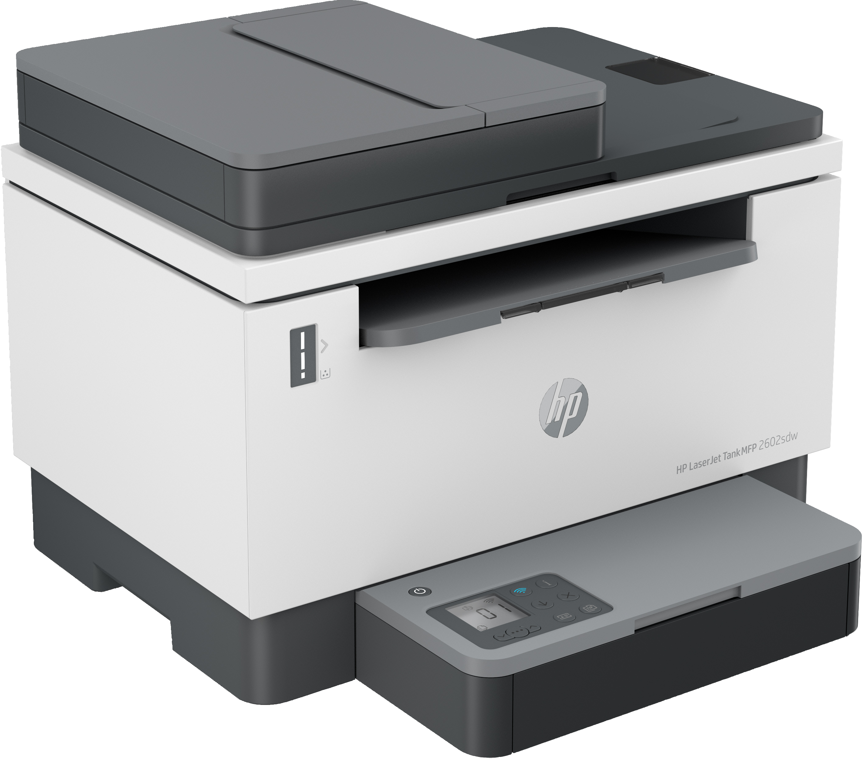 Weißer und grauer HP Laserjet-Drucker. Obere Scannerabdeckung geschlossen. Bedienfeld und Papierfach sichtbar.