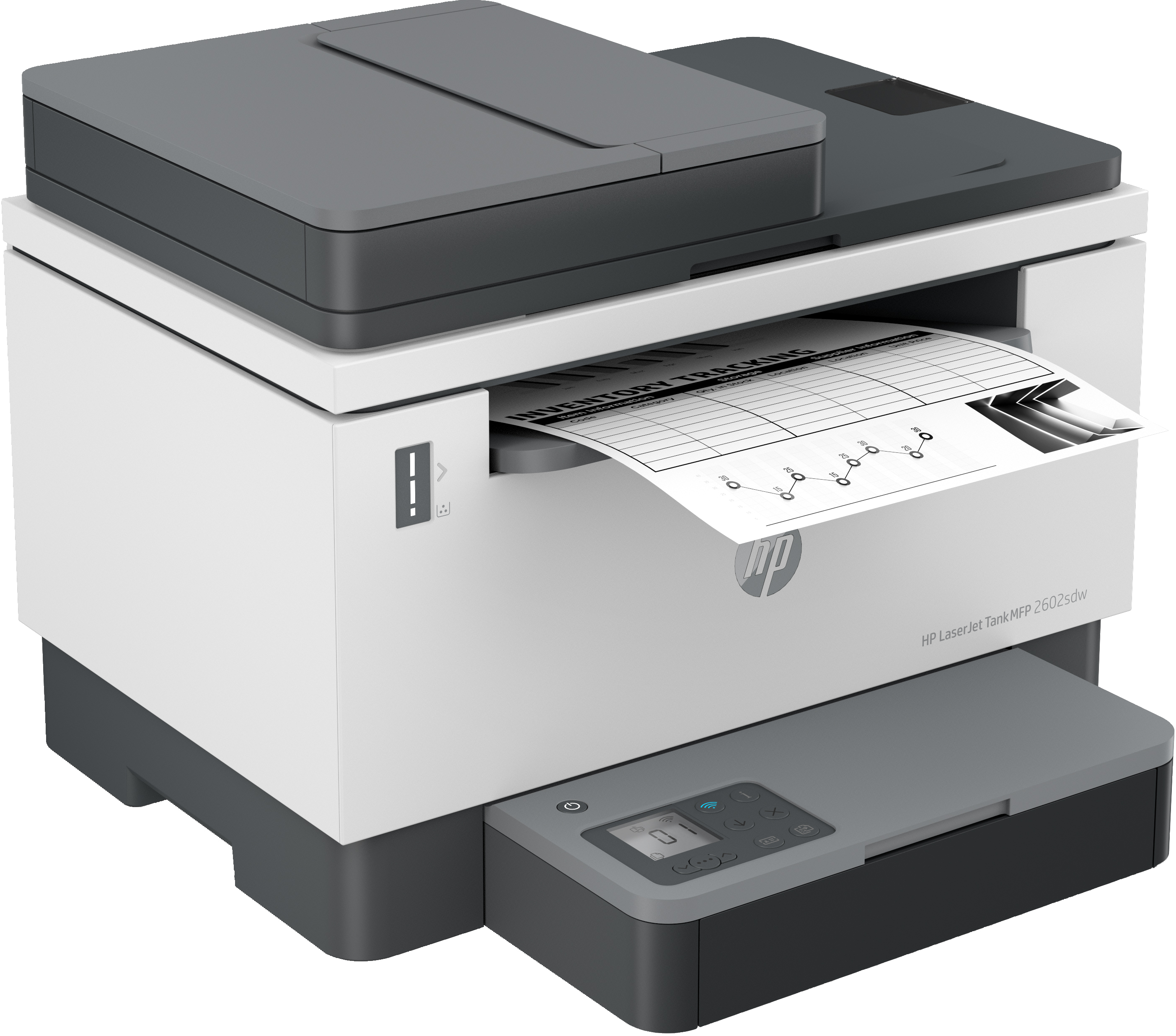 Weißer und grauer HP-Drucker, der ein Dokument mit einem Schwarz-Weiß-Druck druckt.