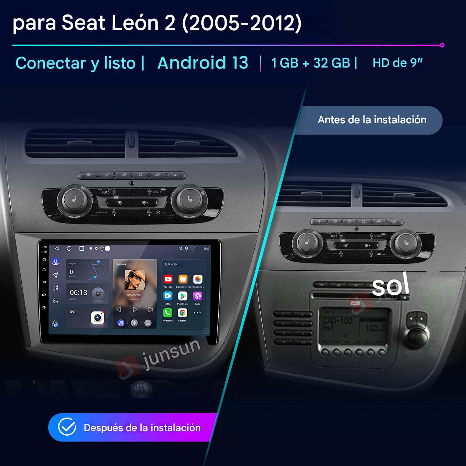 Panel de coche con pantalla. A la izquierda, el salpicadero original.