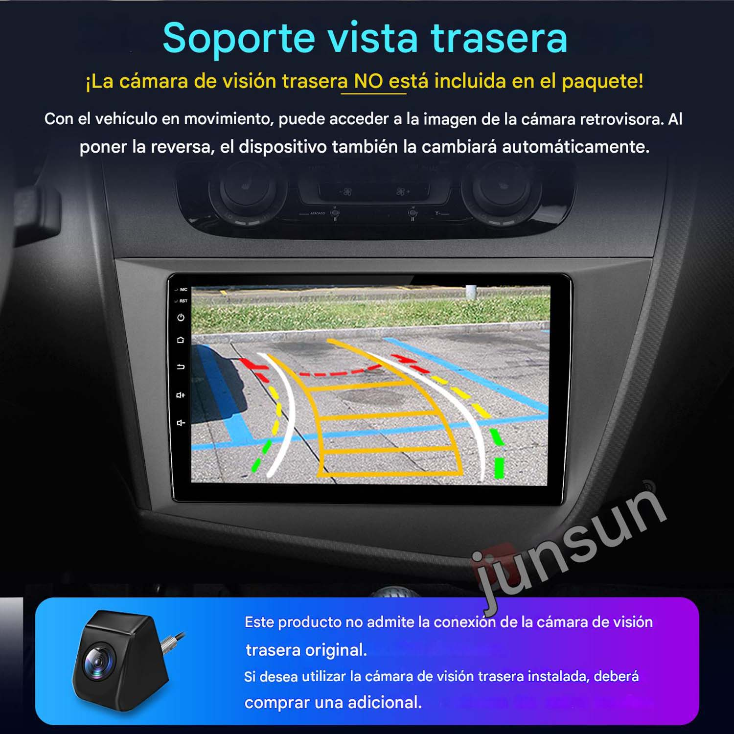 Pantalla de radio de coche mostrando vista de calle. Pantalla negra, logo visible.