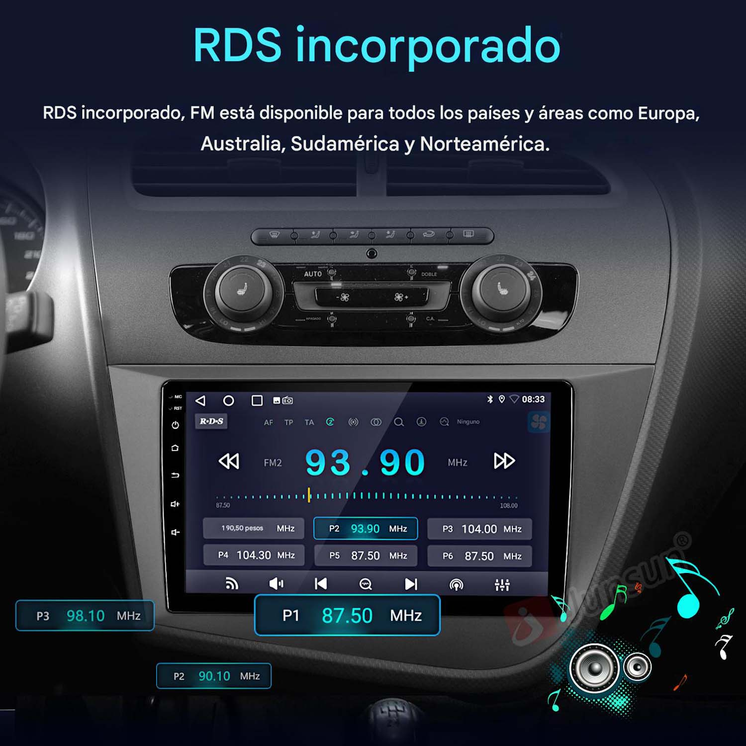 Radio de coche con pantalla que muestra información de la emisora. Botones de control. El fondo es el salpicadero.