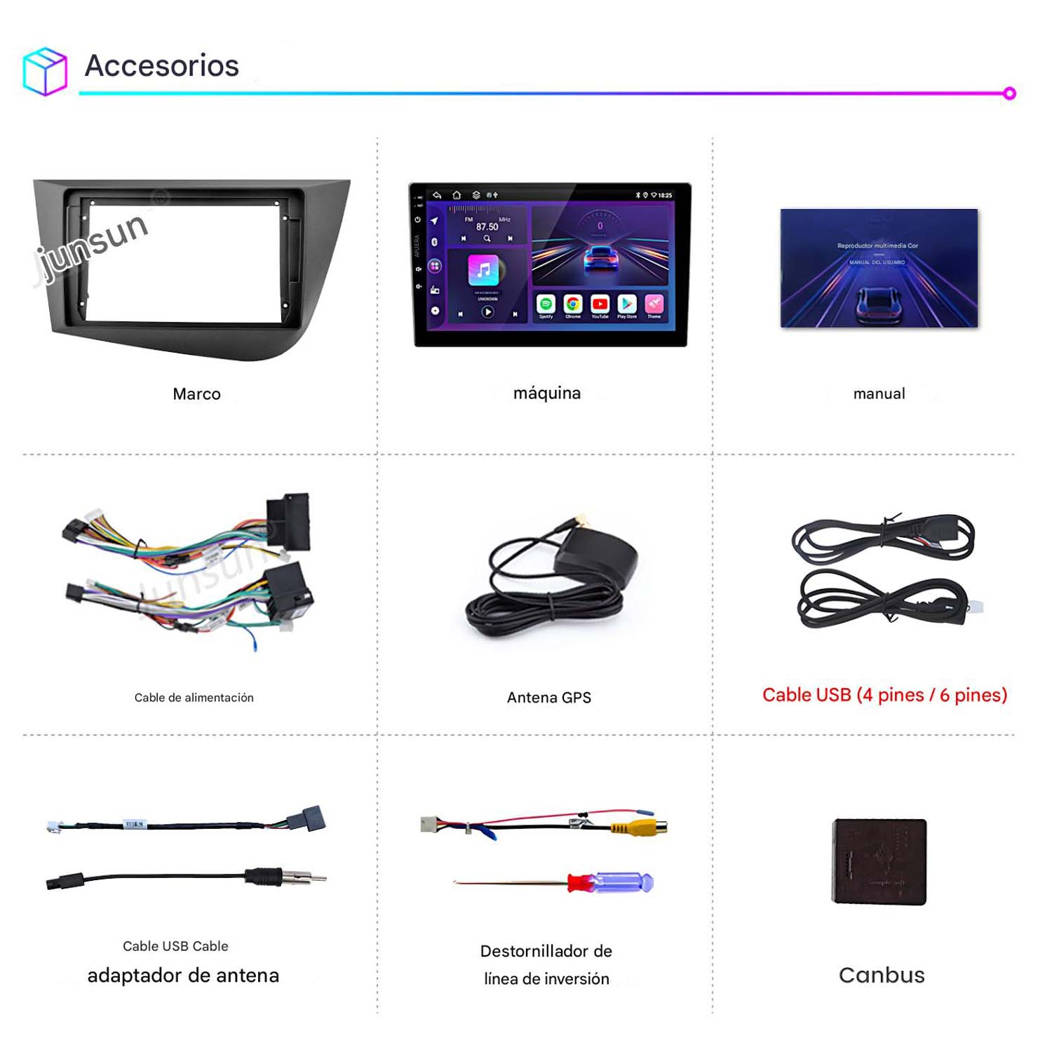 Un diagrama con accesorios para automóviles, que incluyen un marco, una pantalla, cables y una antena.