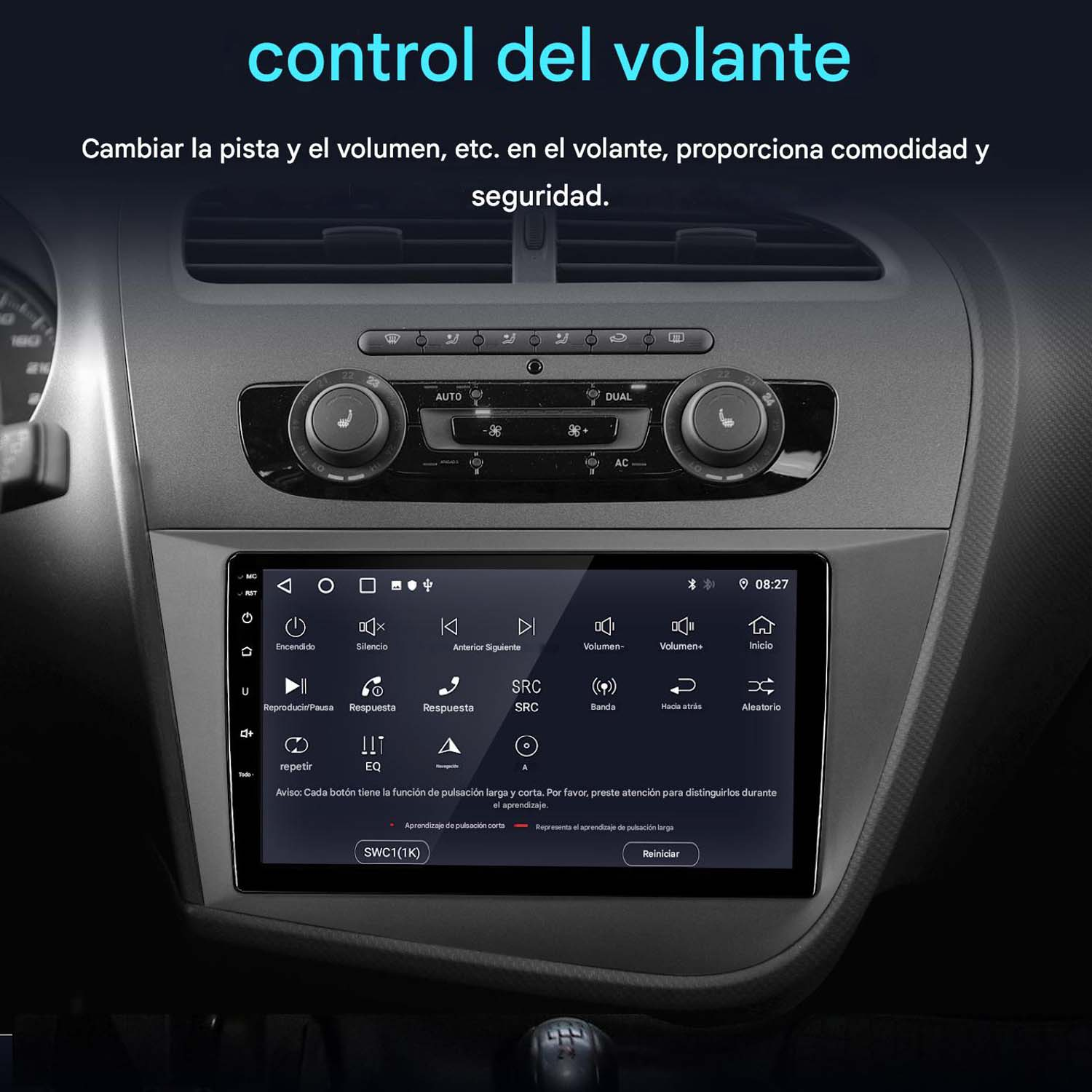 Panel de control del coche con pantalla táctil. Texto en español: control del volante.