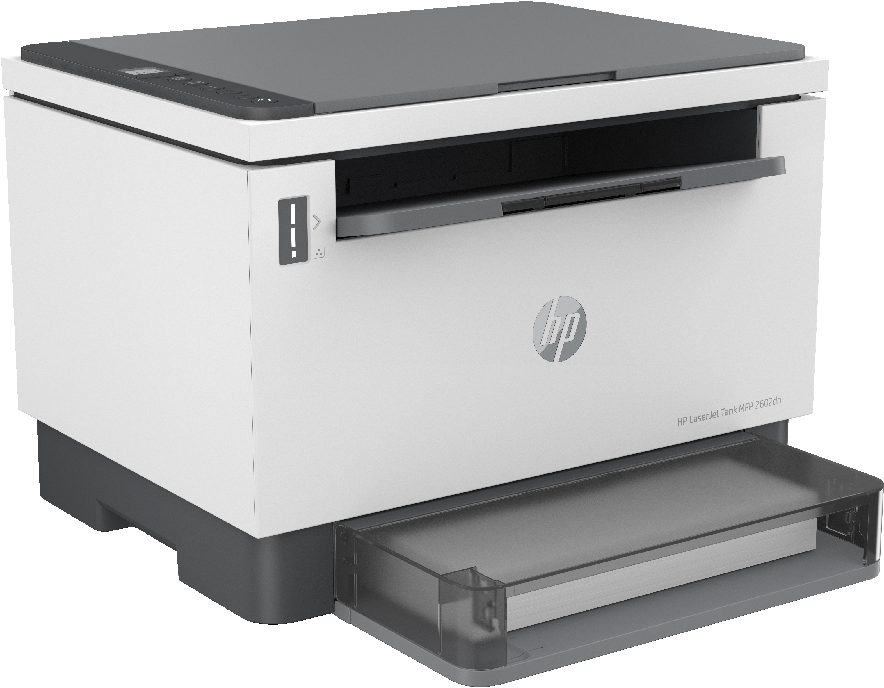 Weiß-grauer HP Laser Jet Tank Drucker mit offenem Papierfach.