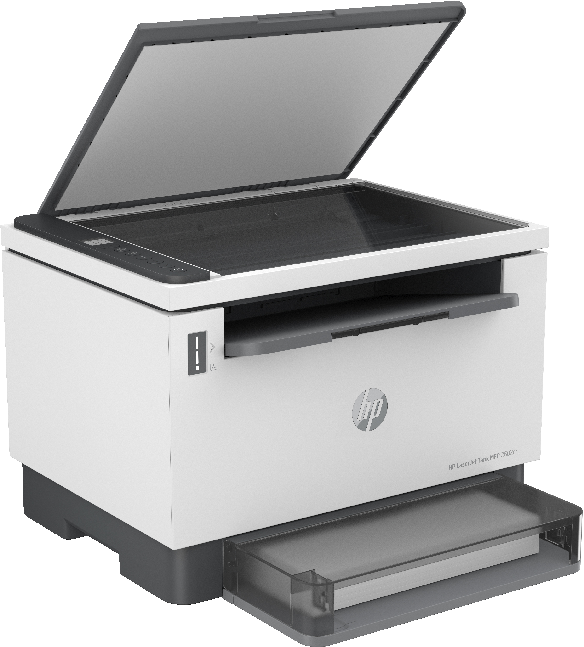 Weiß-grauer HP-Drucker mit geöffneter Oberseite. Unten befindet sich ein Papierfach.