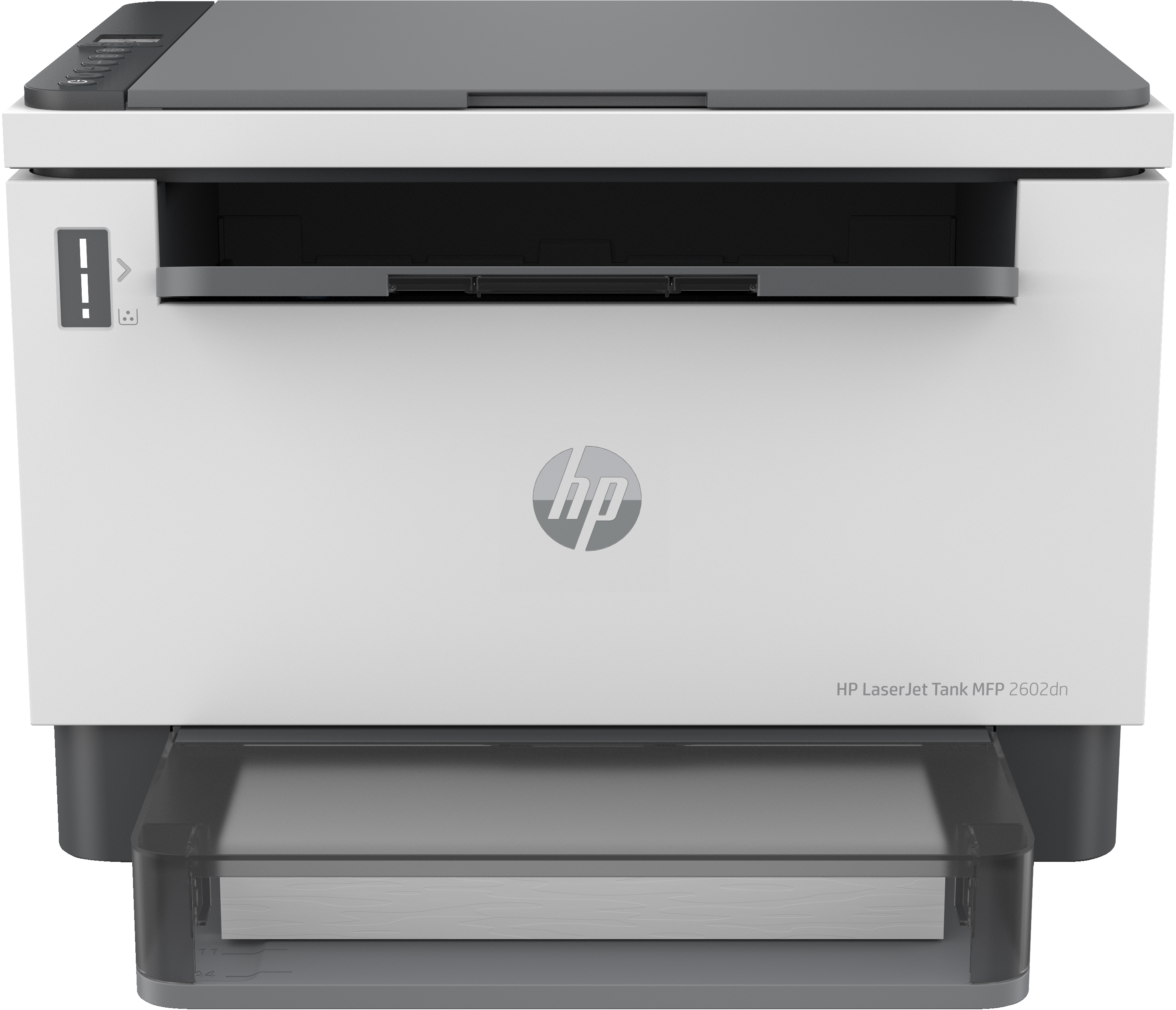 Weiß-grauer HP Laser Jet Tank Drucker mit offenem Papierfach.